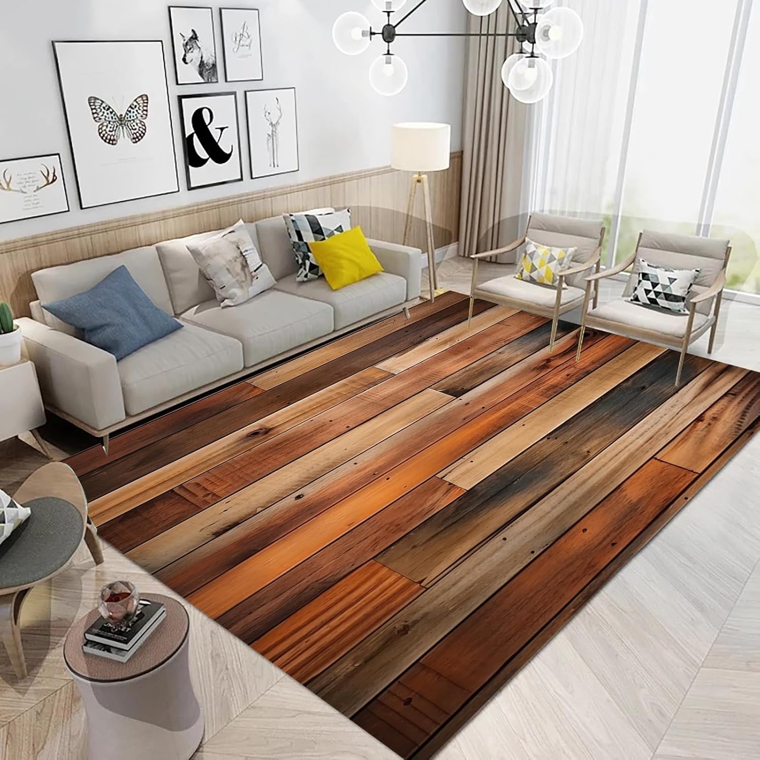 Tapis de zone lavable anti-tache grain de bois retro 120x160cm