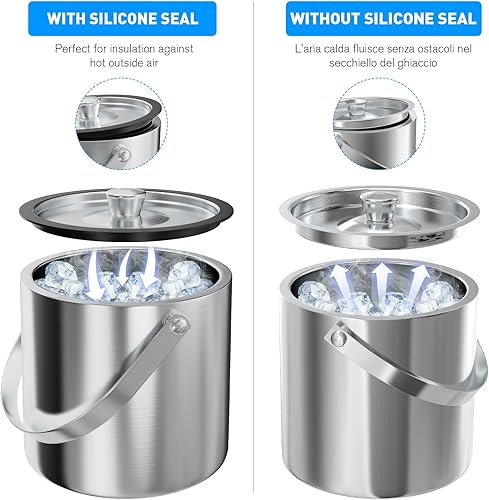 Miniatura 3 de Cubo de hielo de 2 litros con tapa de silicona, colador, pinzas, pequeño cubo de hielo de acero inoxidable aislado de doble pared para cócteles y