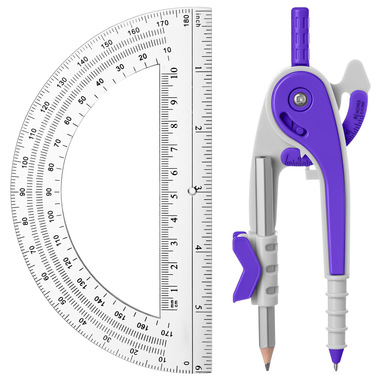 EBOOT Student Geometry Math Set, Drawing Compass and 6 Inch Clear Swing Arm Protractors 180 Degree Math Protractor (Purple)