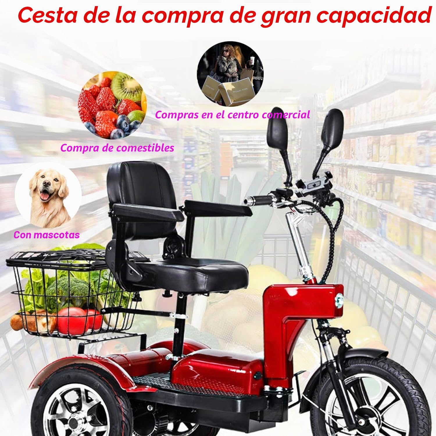 Scooter Eléctrico de Lujo de 3 Ruedas - para Mayores y Adultos Viene con Asiento Reposabrazos Ajustable en Ángulo, Silla de Ruedas Eléctrica Móvil con Soporte para Teléfono Móvil，