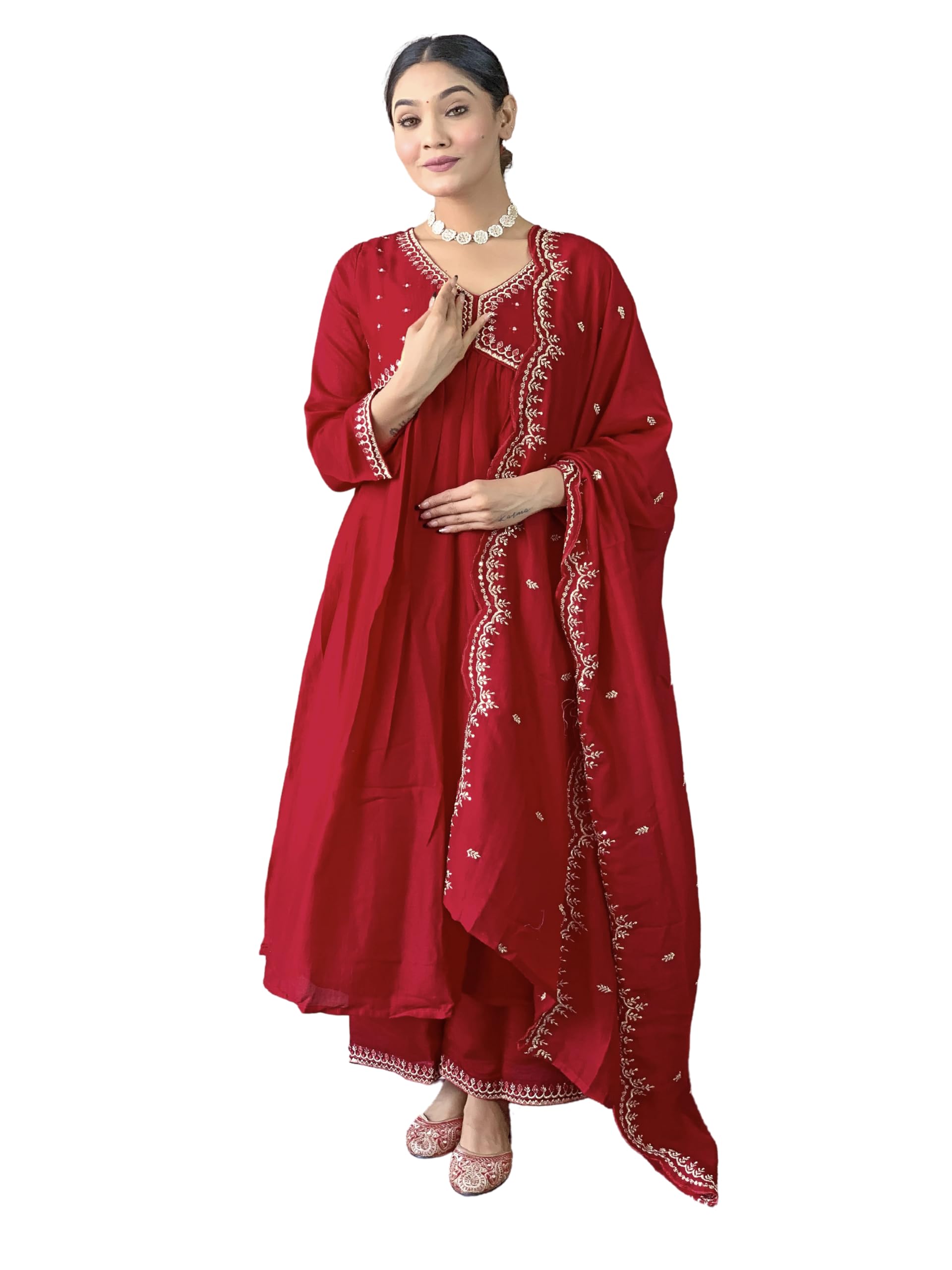Naixa Womens Red Vichitra Silk Embroidered A-line Kurta with Vichitra Silk Pant and Chinon Embroidered Dupatta Sets (NK-443-Red-M) (B0CQTCDF4P) Amazon Price History, Amazon Price Tracker