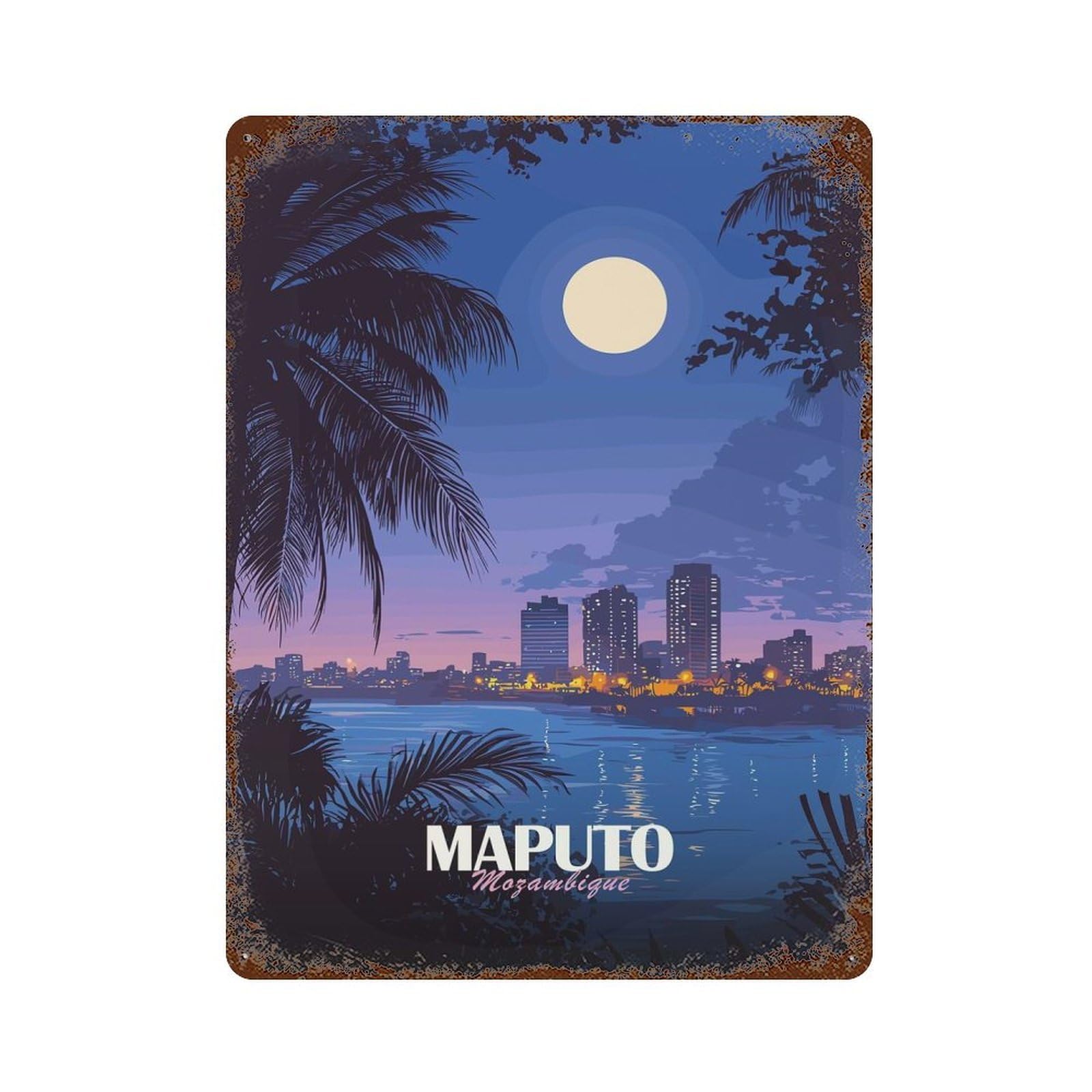 Maputo Mozambique Cityscape at Night Rust Effect Tin Sign 15.7"x11.8", Ideal for Farmhouse, Kitchen And Entryway Decor