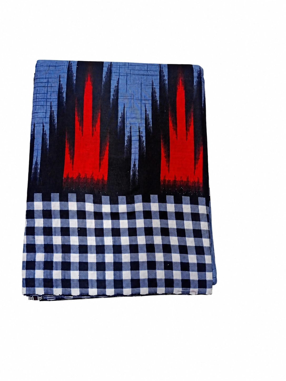 Ikat Print Cotton Dhoti,joda, Blue, Black and Red, Gingham Check Border 5+2.5m-image-36