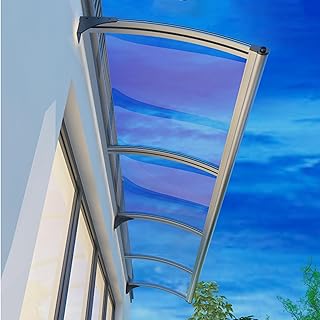 Vordach Für Haustür mit Regenrinne Transparente Polycarbonat Silberne Aluminiumklammer Überdachung Markise Haustürdach Pultvordach für Draußen Haus Balkon Garage Fenster (100×200cm)
