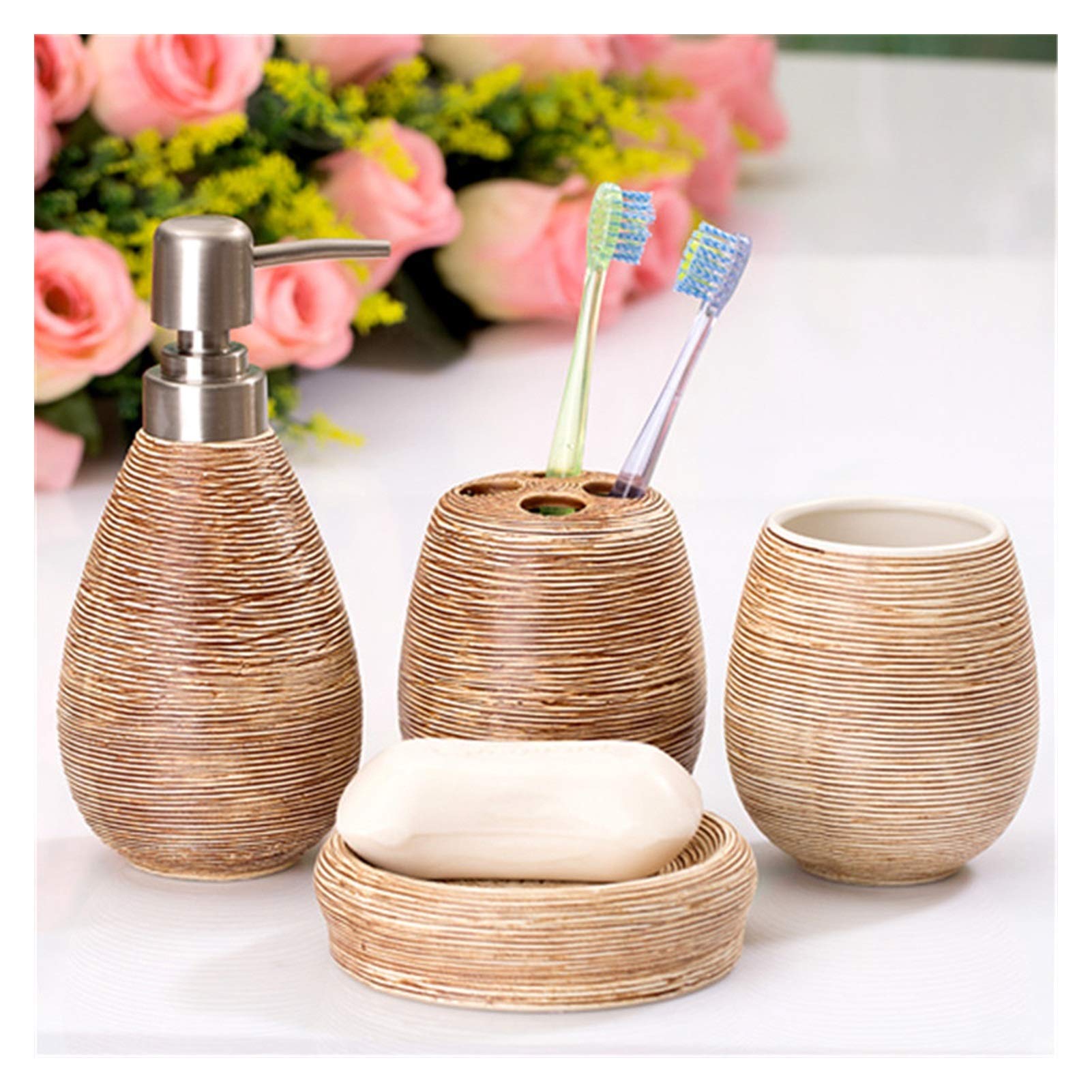 Countertop Lotion Bottles Fashionable and Simple Bathroom Toiletries Ceramic Four-Piece Straw Pattern Combination Mouthwash Cup Soap Box Soap Bottle Soap Dispenser Bottles Home & Kitchen ( Color : A ,