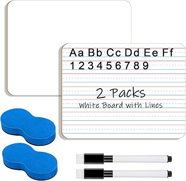 Dry Erase Board with Lines, 2 Packs Double-Sided Lined White Boards for Classroom, 7x10 Inch Reusable Writing Boards Kit with 2 Erasers & 2 Markers