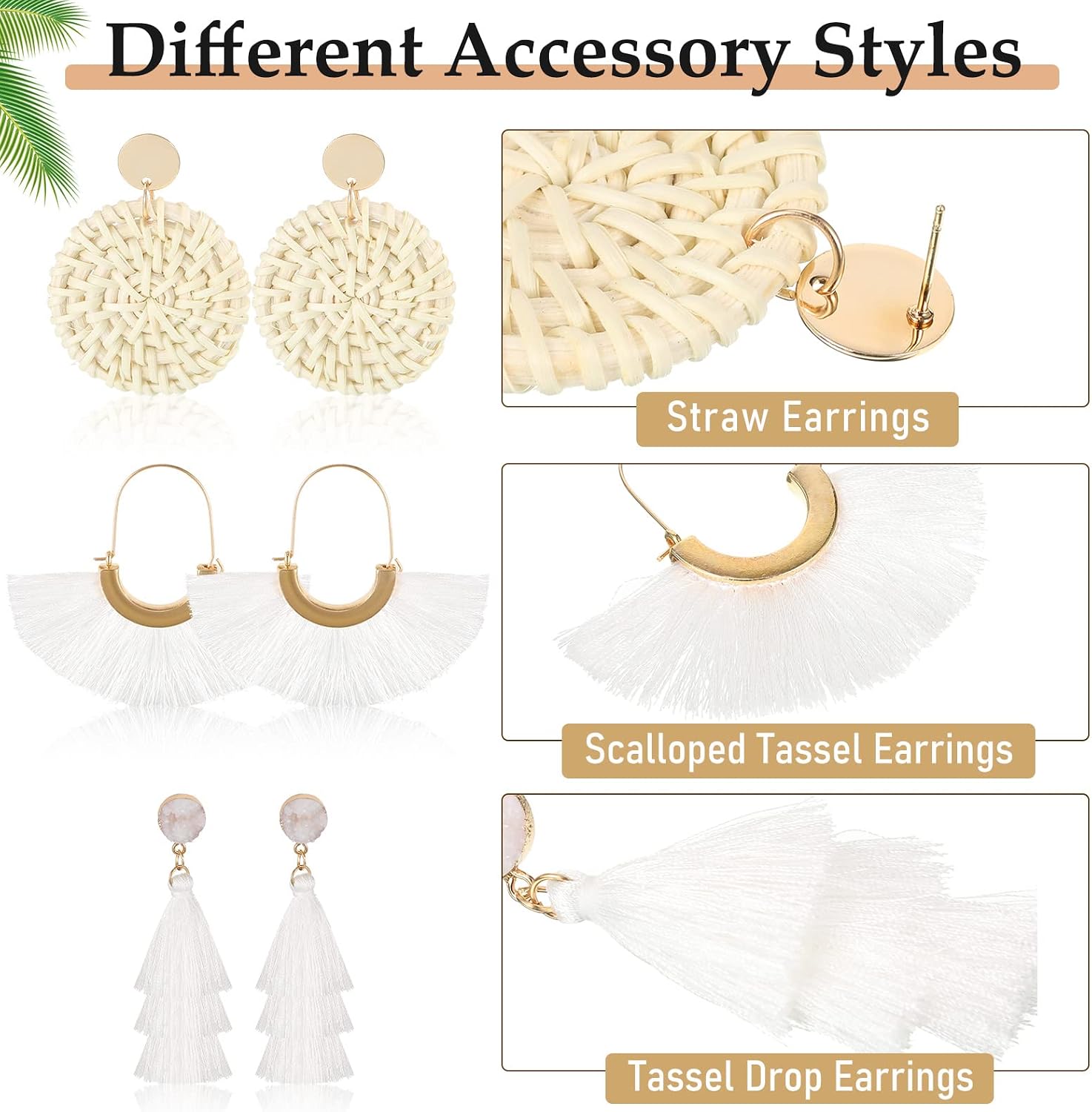 Hicarer 6 Pair Rattan Earrings Straw Tassel Bohemian Earrings for Women Summer Party