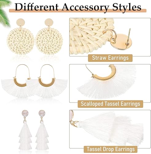 Miniatura 5 de 6 pares de aretes de ratán aretes de pajilla con borla bohemios hechos a mano trenzados de mimbre para mujeres y niñas