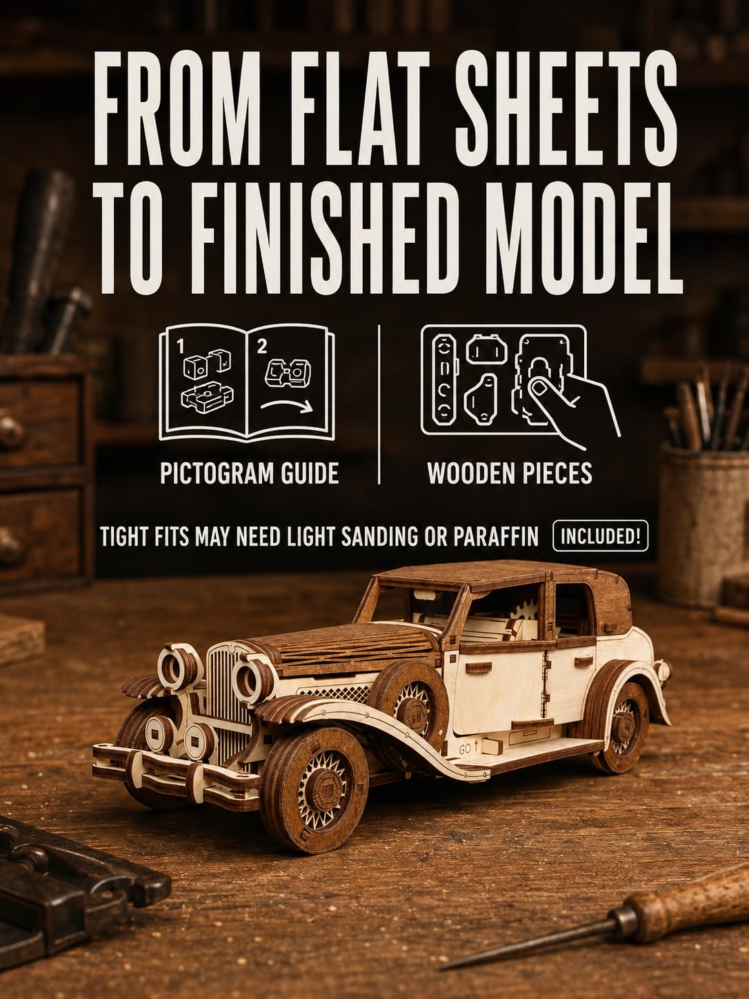 EWA Eco-Wood-Art – “FERDINAND RETRO CAR” - Puzzle 3D in legno - Rompicapo per adulti e adolescenti - da montare senza colla – 278 pezzi