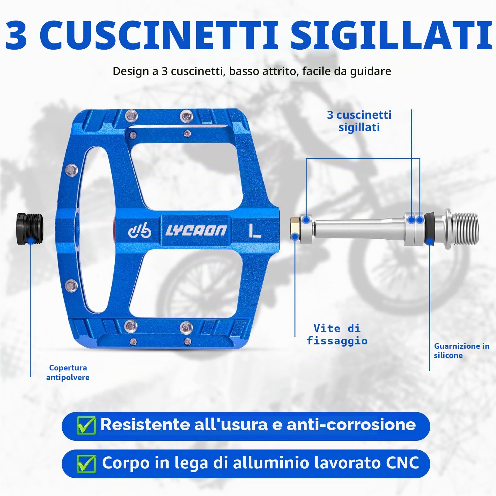 LYCAON Pedali per Bicicletta, Pedale per Bici Antiscivolo in Lega di alluminio CNC, CR-MO & 3 Pedali Cuscinetti per BMX MTB 9/16 Pollici