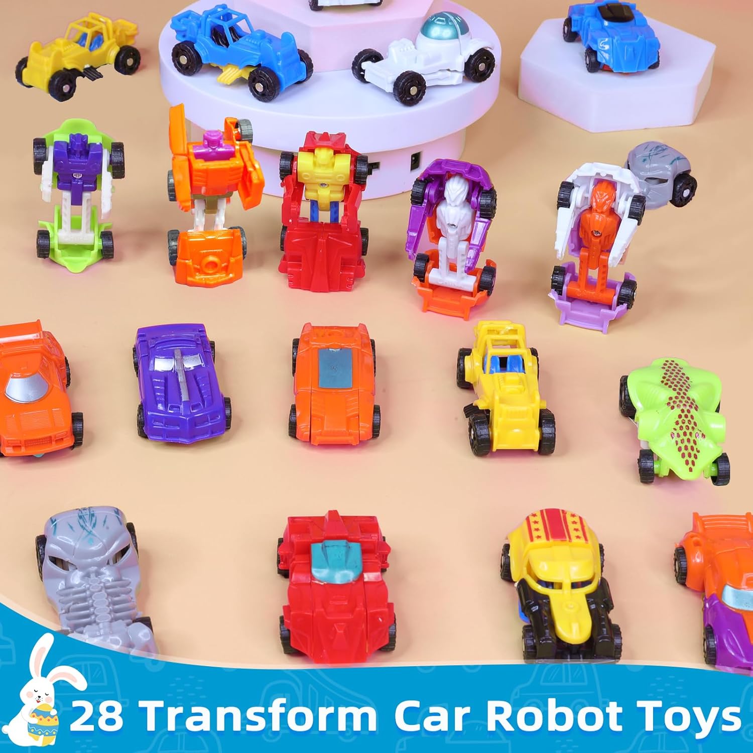 28 Pack Easter Basket Stuffers, Transforming Car Robot Toys Easter Gifts for Kids Classroom Exchange 14 Style Mini Vehicle Transform Toys Party Favor for Boys, Easter Basket Fillers Ideas Gifts
