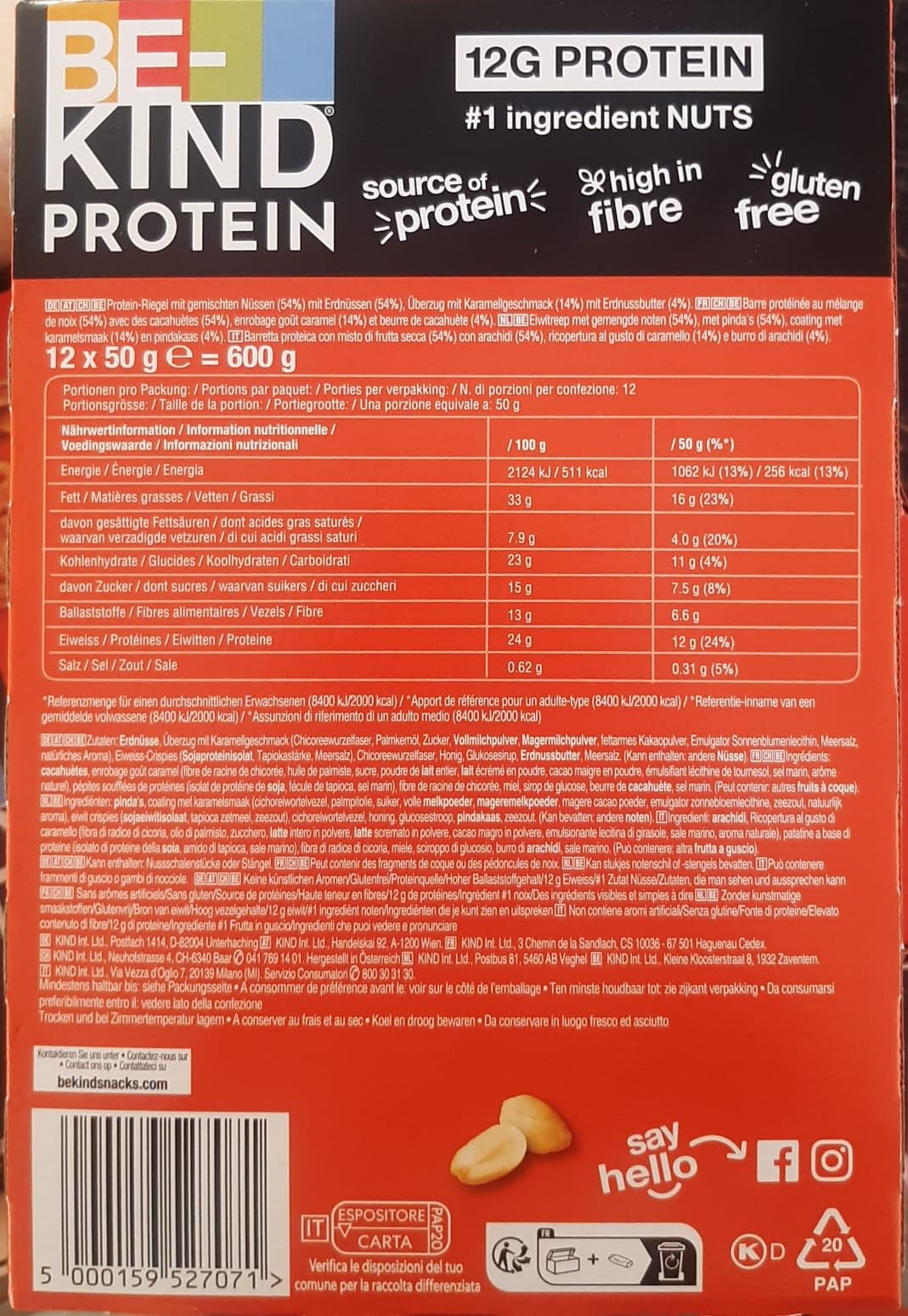 BE-KIND Protein Barretta Proteica al Burro di Arachidi, Snack Proteico Senza Glutine, 12 gr di Proteine, 1 Confezione x 12 Barrette da 50 g (600 g)