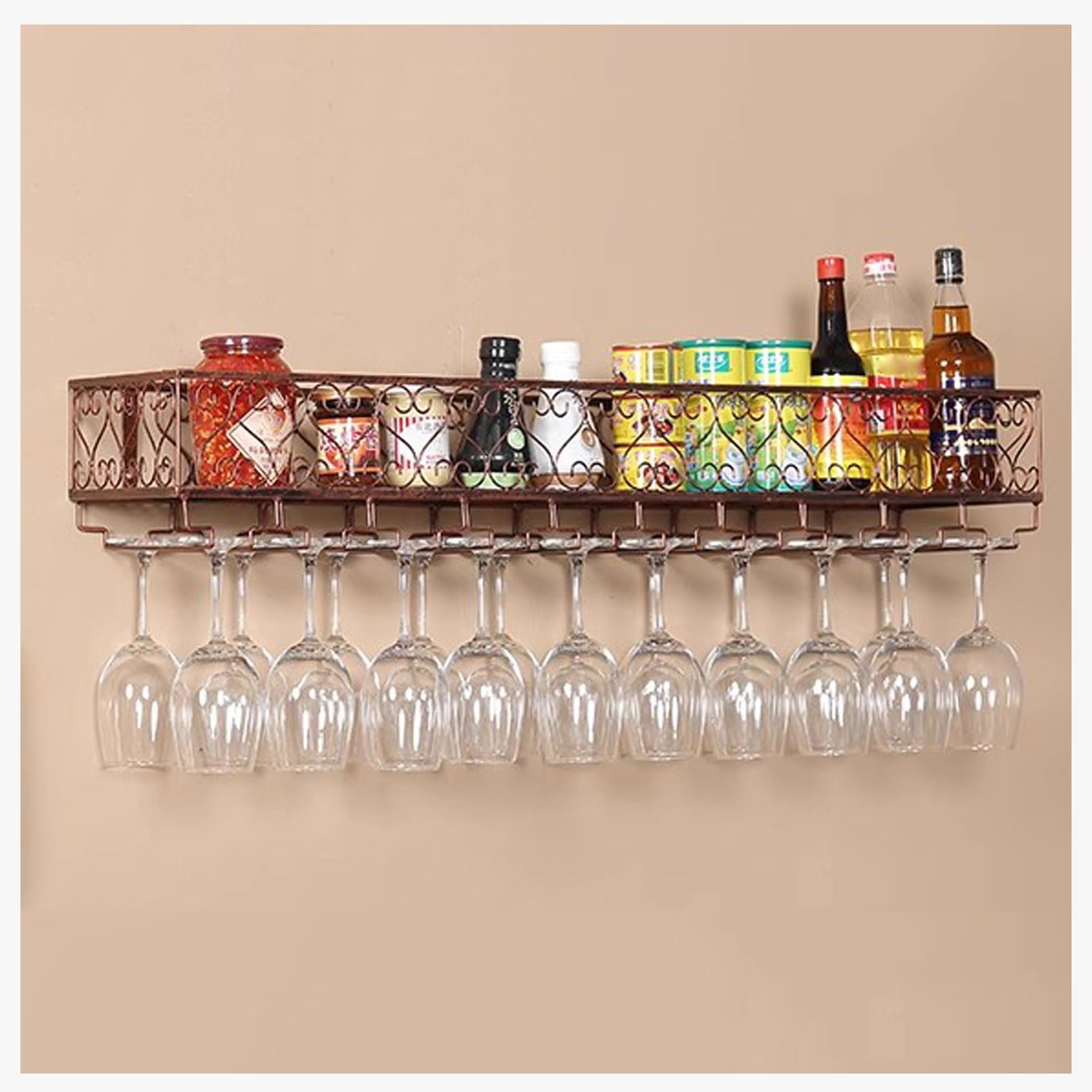 Casier à vin mural en bronze de 50 x 25 cm avec porte-bouteilles et rangement en verre pour bar