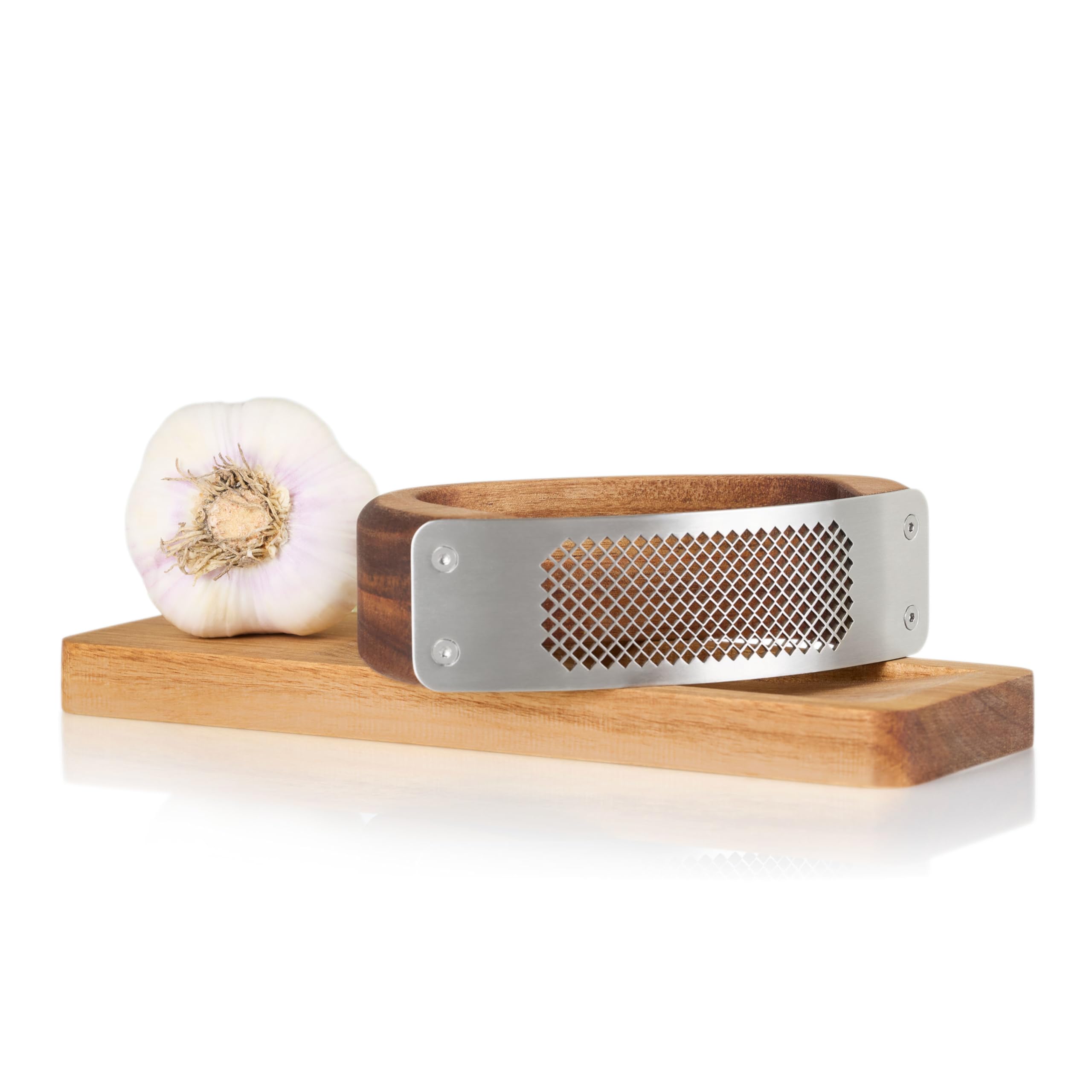 AdHoc GC01 innovative Knoblauchpresse mit Schneidbrett RoccaAlio | edles Akazienholz und lasergeschnittene Edelstahlklinge | Knoblauchschneider modern und ergonomisch in der Anwendung