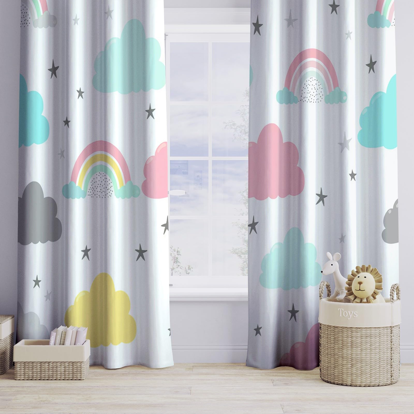 Cortinas de Ventana 140 x 260 cm (2 Paneles) Fáciles de Colgar, Estilo Simple Opacas Térmicas Aislantes del Frío y del Calor, Nubes De Dibujos Animados Arcoíris para Dormitorio o Sala de Estar