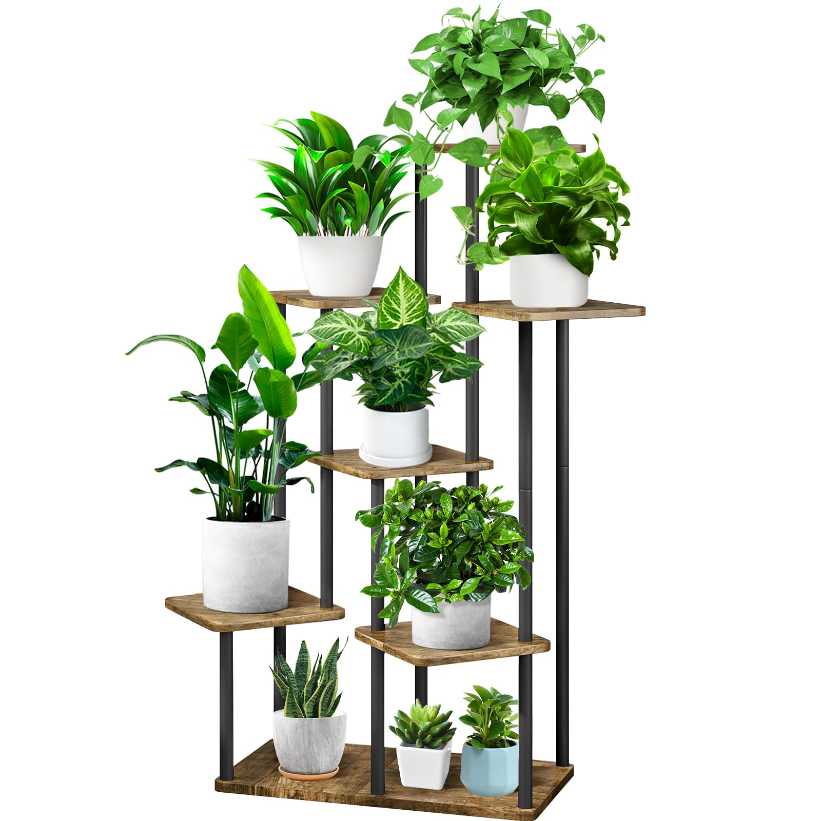 7 Tier Wood Tall Plant Stand Metal Rack Indoor, Multiple Flower Pot Holder Shelves Corner Rack, Planter Shelf Display Rack Storage Organizer for Patio Living Room Balcony Garden(Black)