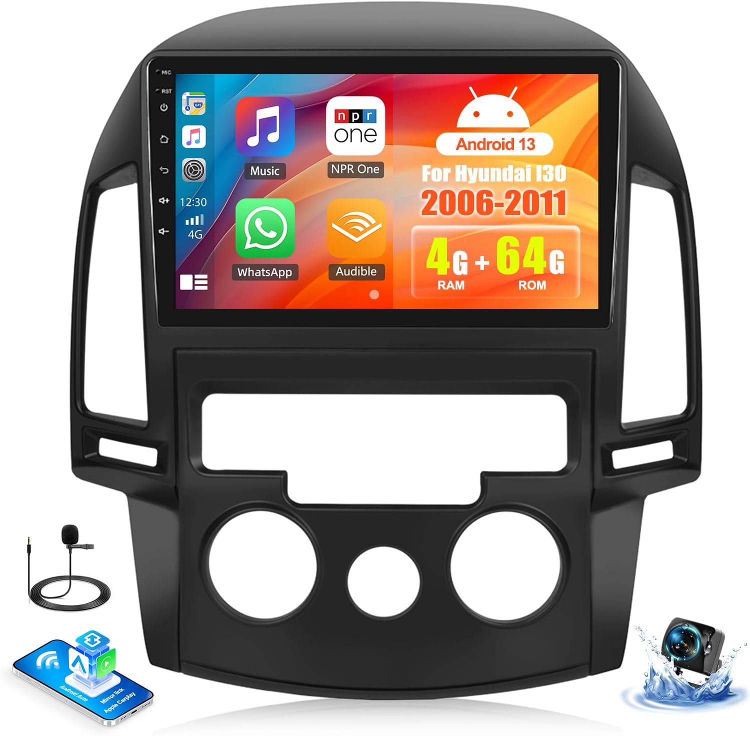 SIXWIN 4G+64G Android 13 Car Stereo for Hyundai I30 2006-2011 Manual A/C 9 Inch Touch Screen with CarPlay Android Auto Bluetooth Weather Forecast 59UI GPS Navigation WiFi Network Radio