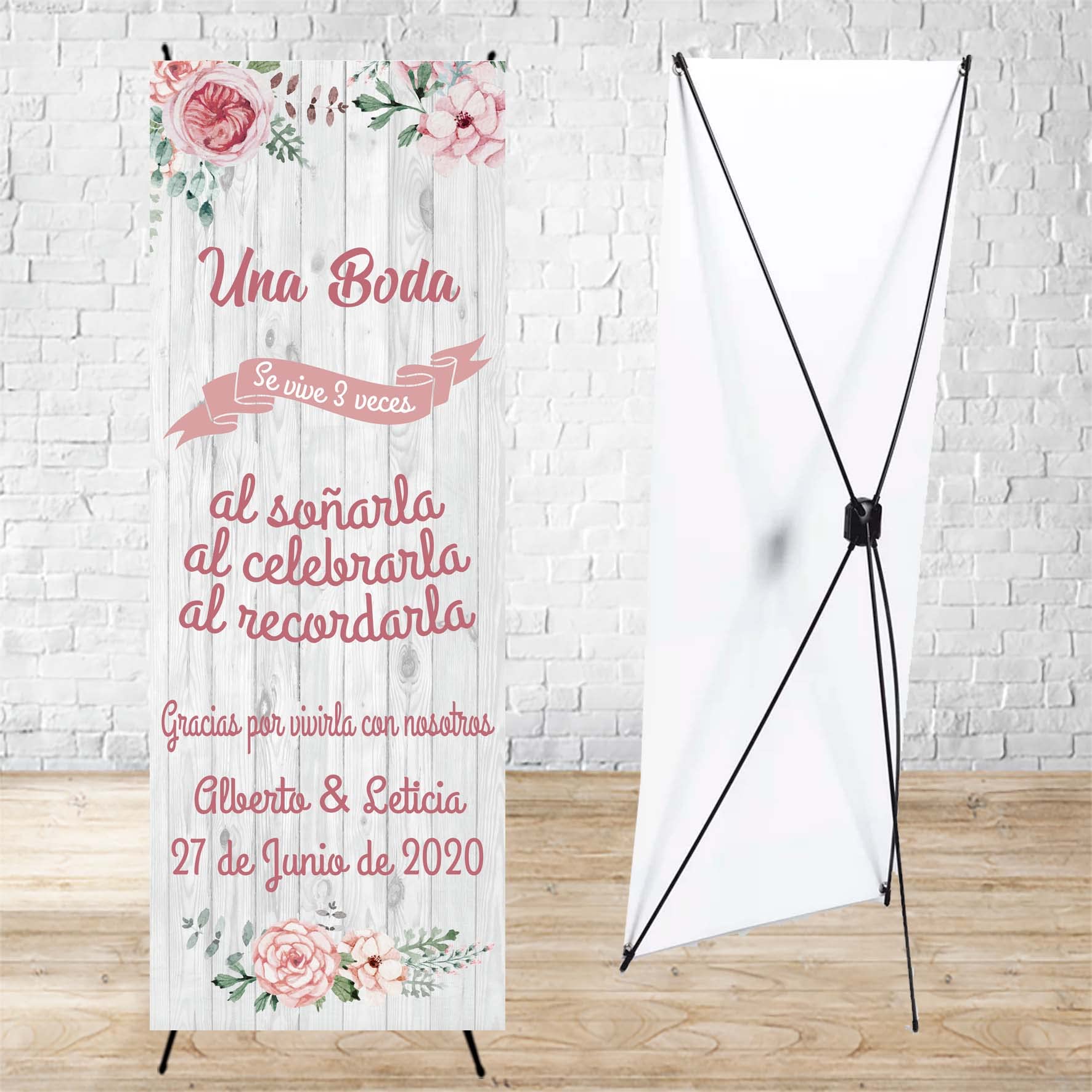 Cartel Boda una boda se vive 3 veces con soporte 60 x 160 cm. Decoración boda, Photocall personalizado con nombres y fecha. Fabricación Española, banner de bienvenida