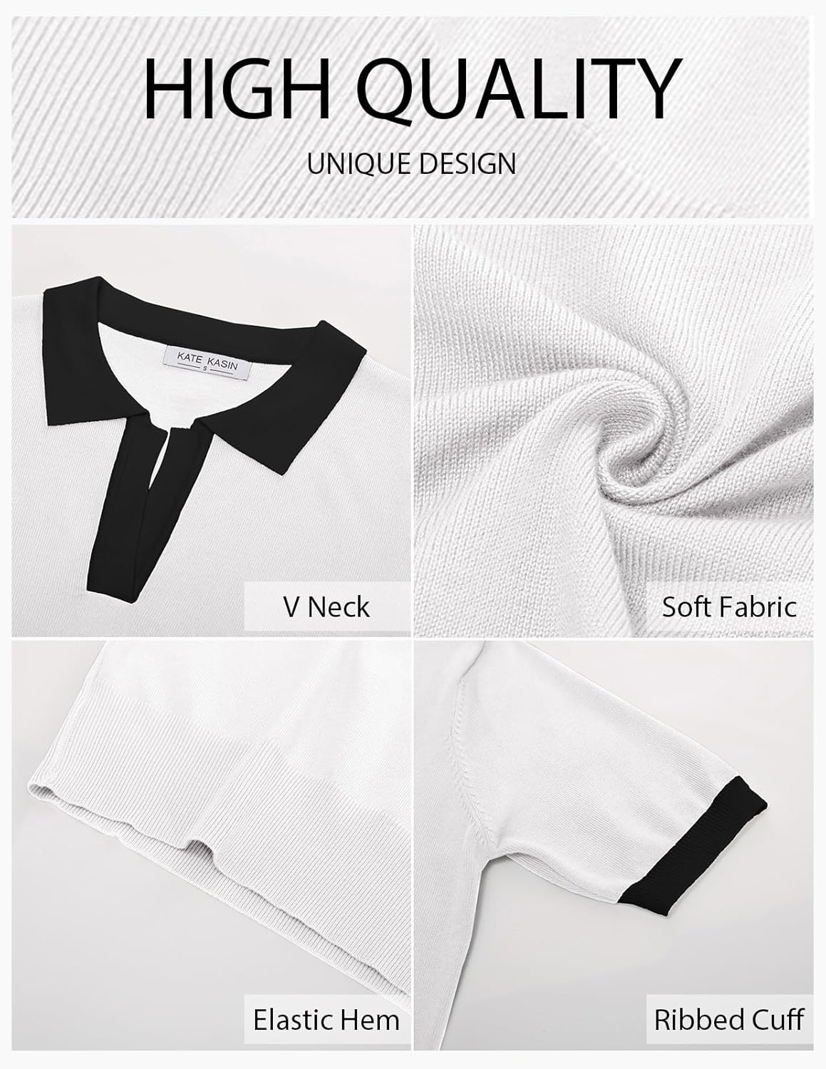 Kate Kasin Women Short Sleeve Polo Sweater V Neck Knitted Tops Casual Ribbed Shirt Loose Pullover Sweater - Image 6