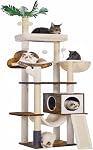 Heybly Wood Cat Tree for Indoor Cats, Cat Condo for Large Cats,Modern Cat Scratching Tower with Basket,Hammock,Dangling Ball and Leaves,Rustic Brown HCT120SR