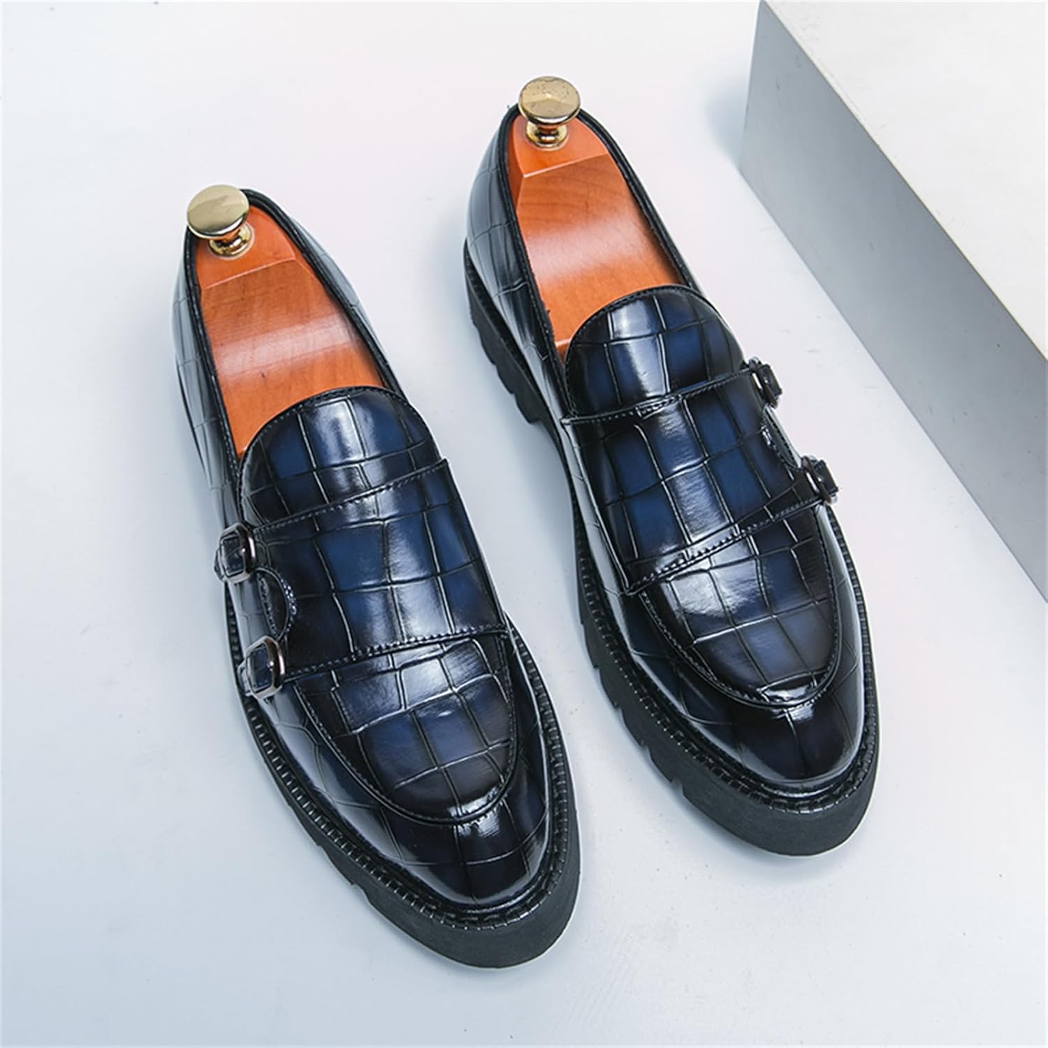 Men's Slip-On Patent Leather Platform Loafers with Double Buckle,Classic Non-Slip Penny Loafers Dress Driving Moccasins Casual Fashion Boat Shoes - Image 5