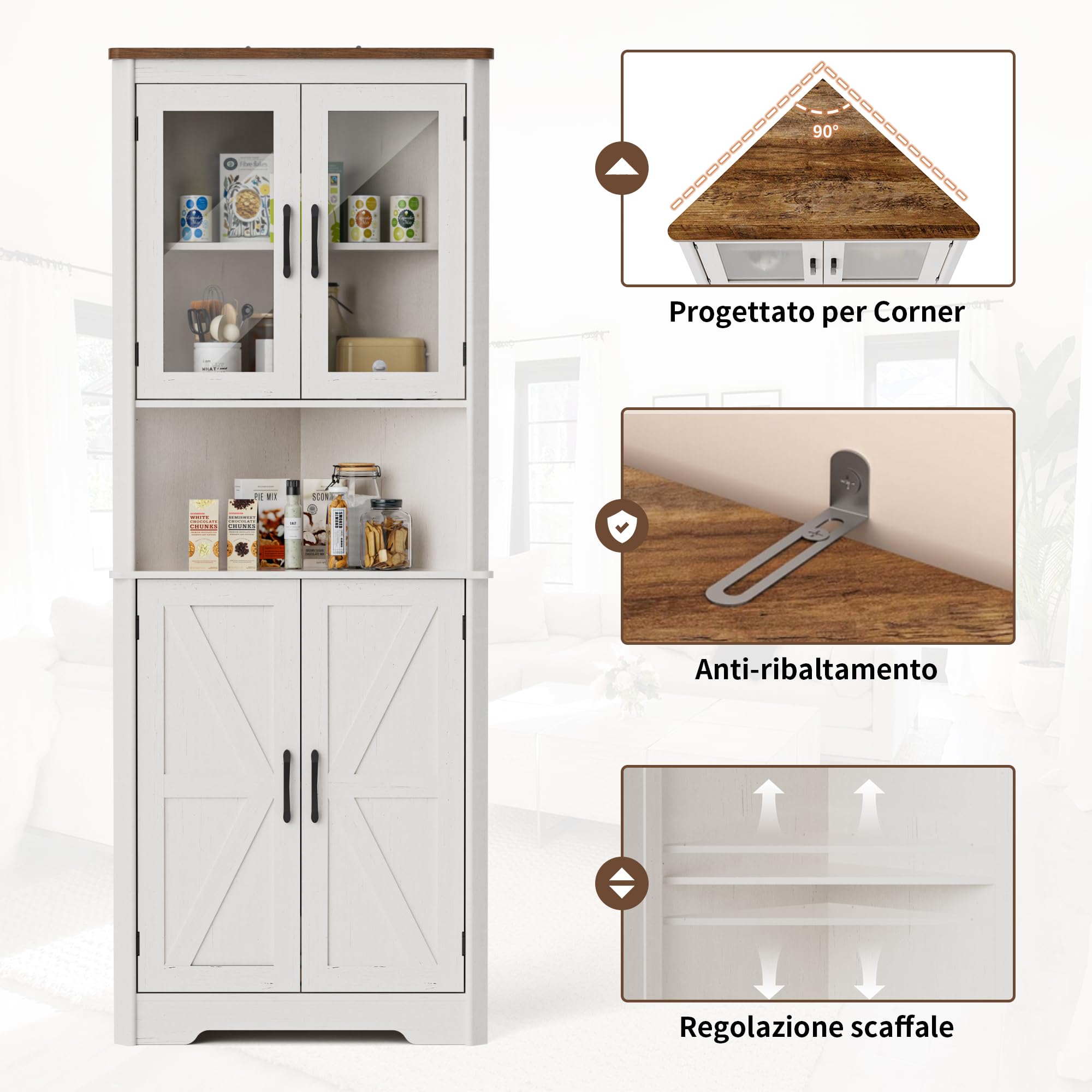 BonVache Armadio ad angolo alto e stretto con 2 porte e 5 ripiani - Mobile per la cucina, camera da letto, soggiorno - Mensola ad angolo da 170 cm - Bianco