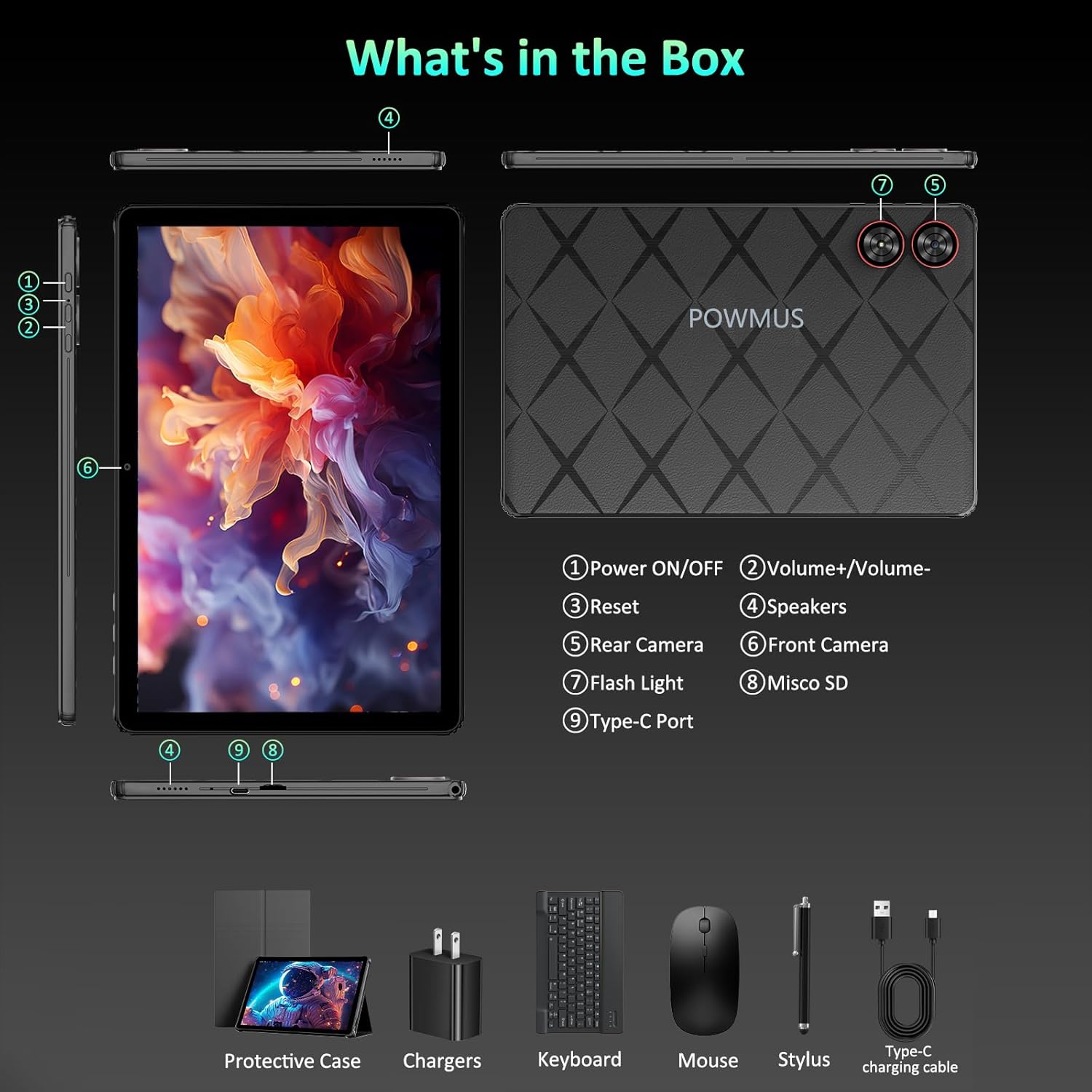 POWMUS Android Tablet, 11" Android 15 Tablet, 2K FHD Display Tablets, 36GB RAM (12+24) & 256GB ROM,1TB Expandtion, Octa-Core, 8000mAh, WiFi 6, BT 5.0, HD IPS Large tableta, Keyboard & Mouse Included