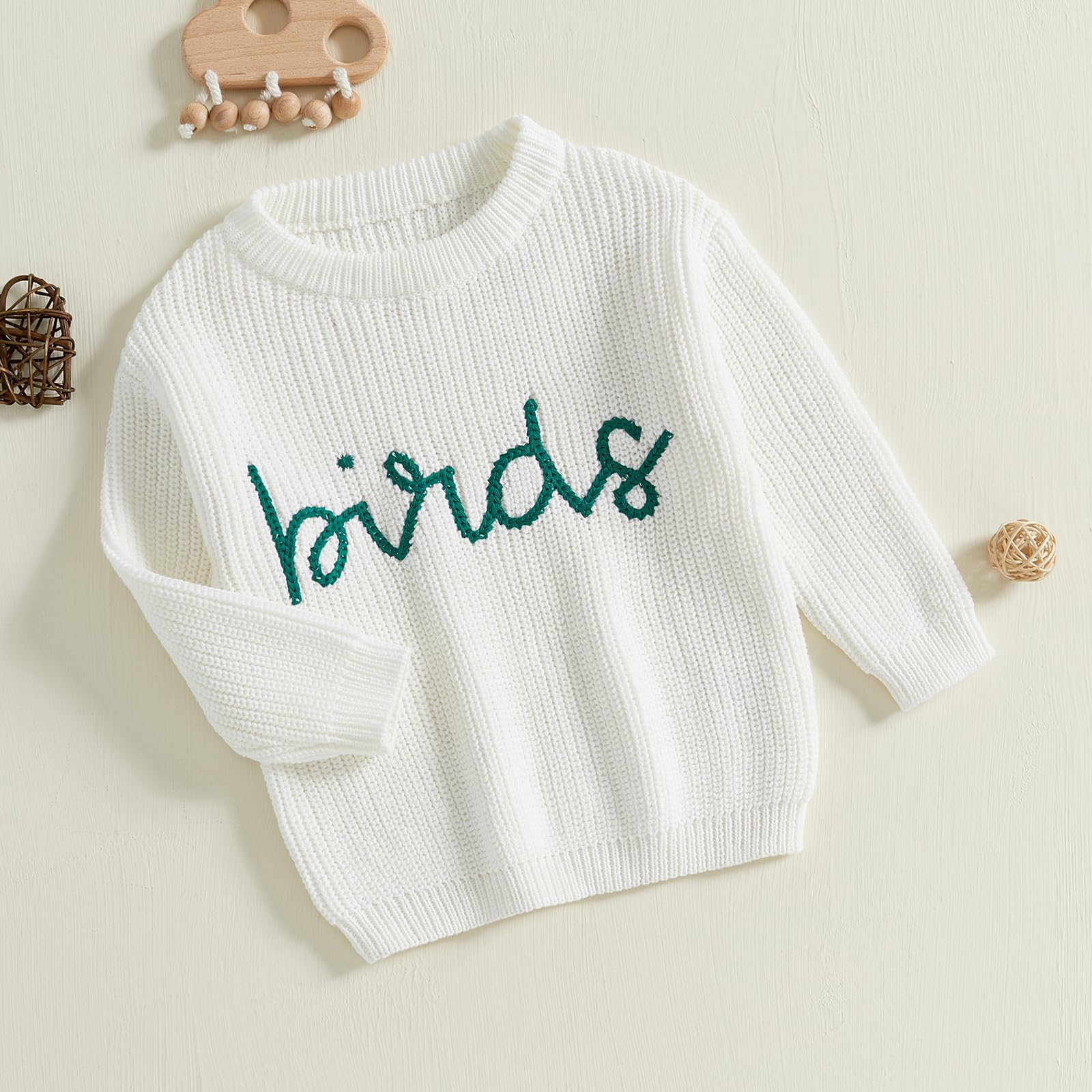 Baby Boy Girl Football Sweater Birds Embroidery Long Sleeve Knit Pullover Sweatshirt Casual Toddler Game Day Clothes (White, 12-18 Months)