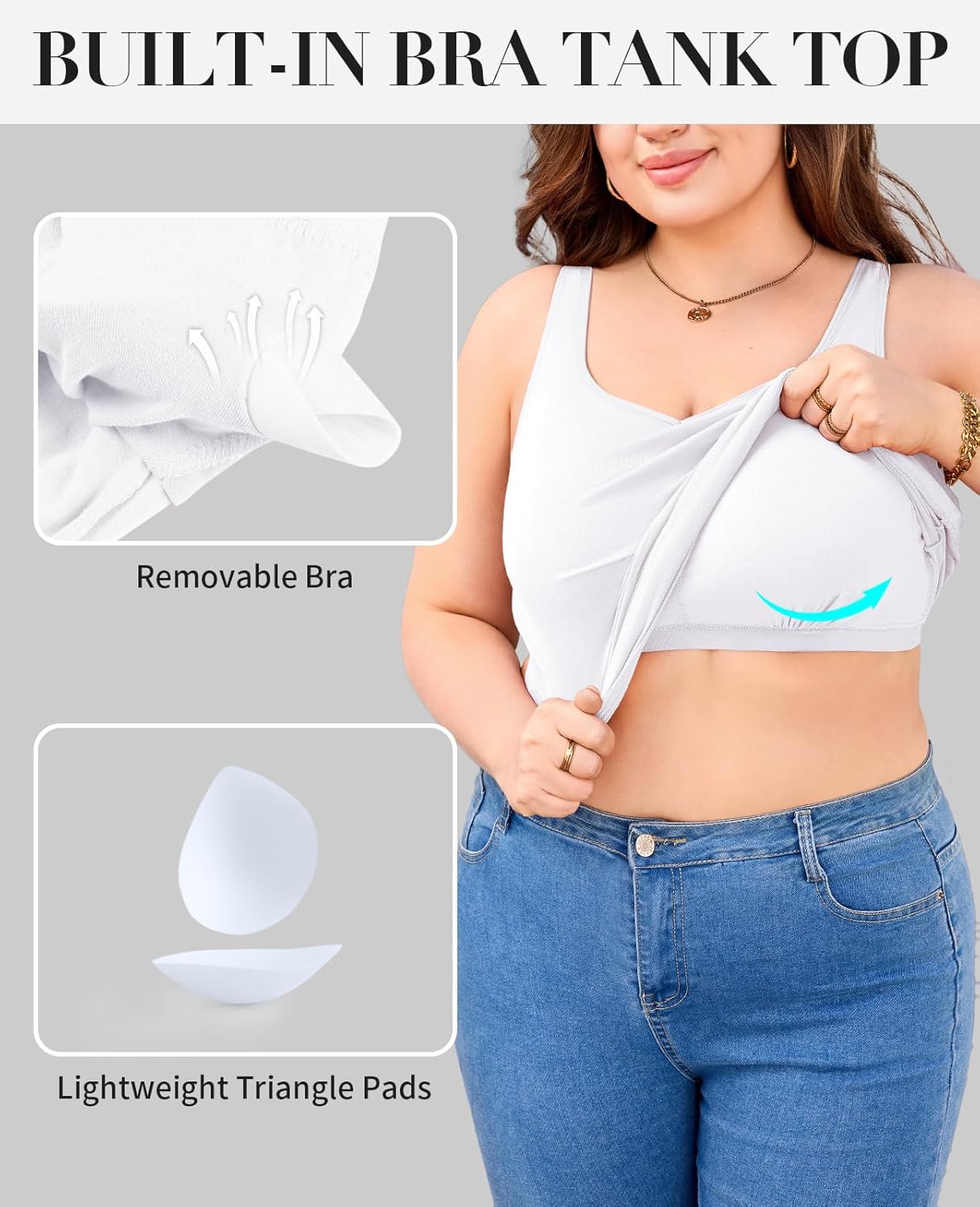 V FOR CITY Women Plus Size Tank Tops with Built-in Padded Bra Adjustable Strap V-Neck Camisole Cotton Cami Shirts 1X-4X - Image 4