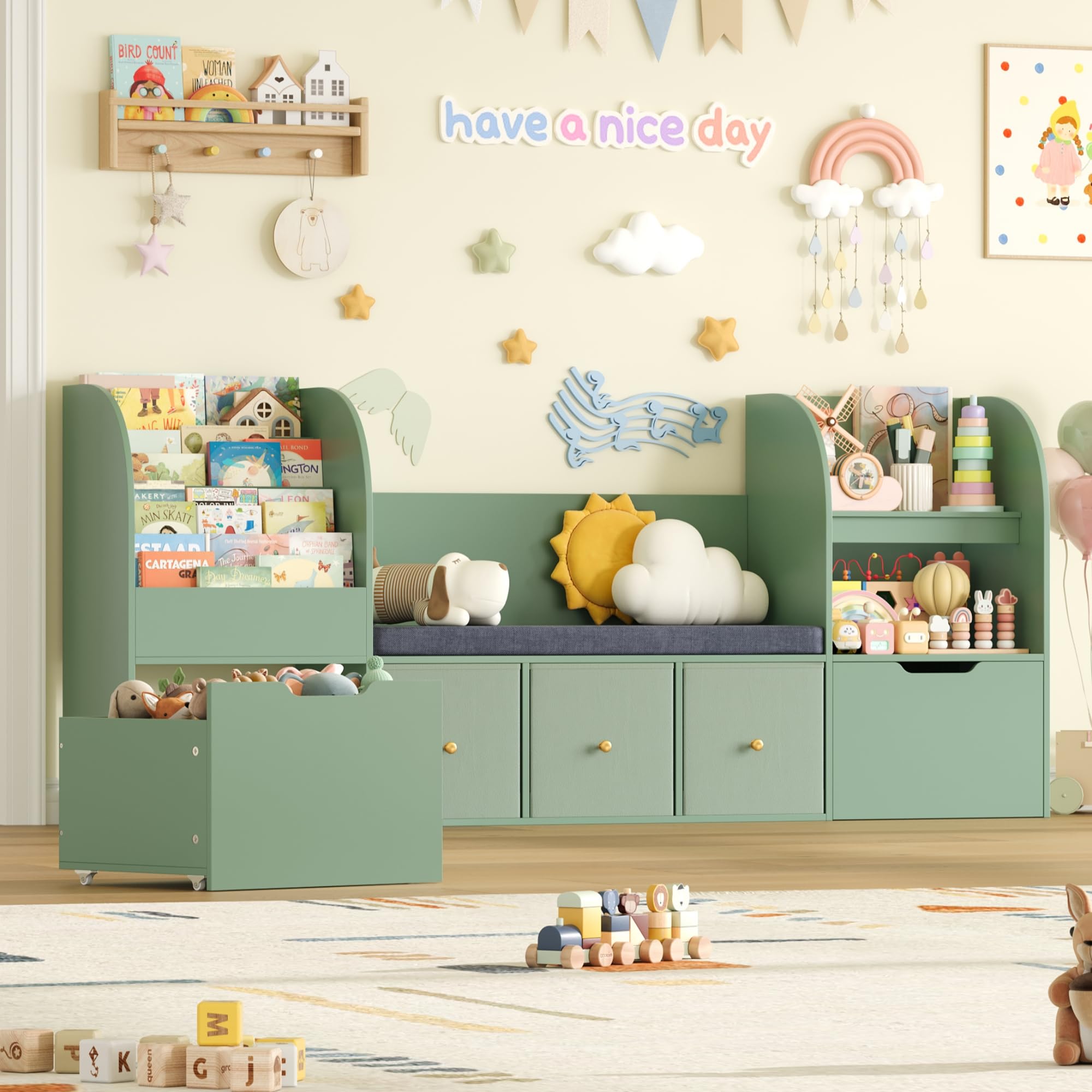 FOREHILL Meuble Rangement Enfant 180cm Bibliothèque Enfant avec Banc Vert