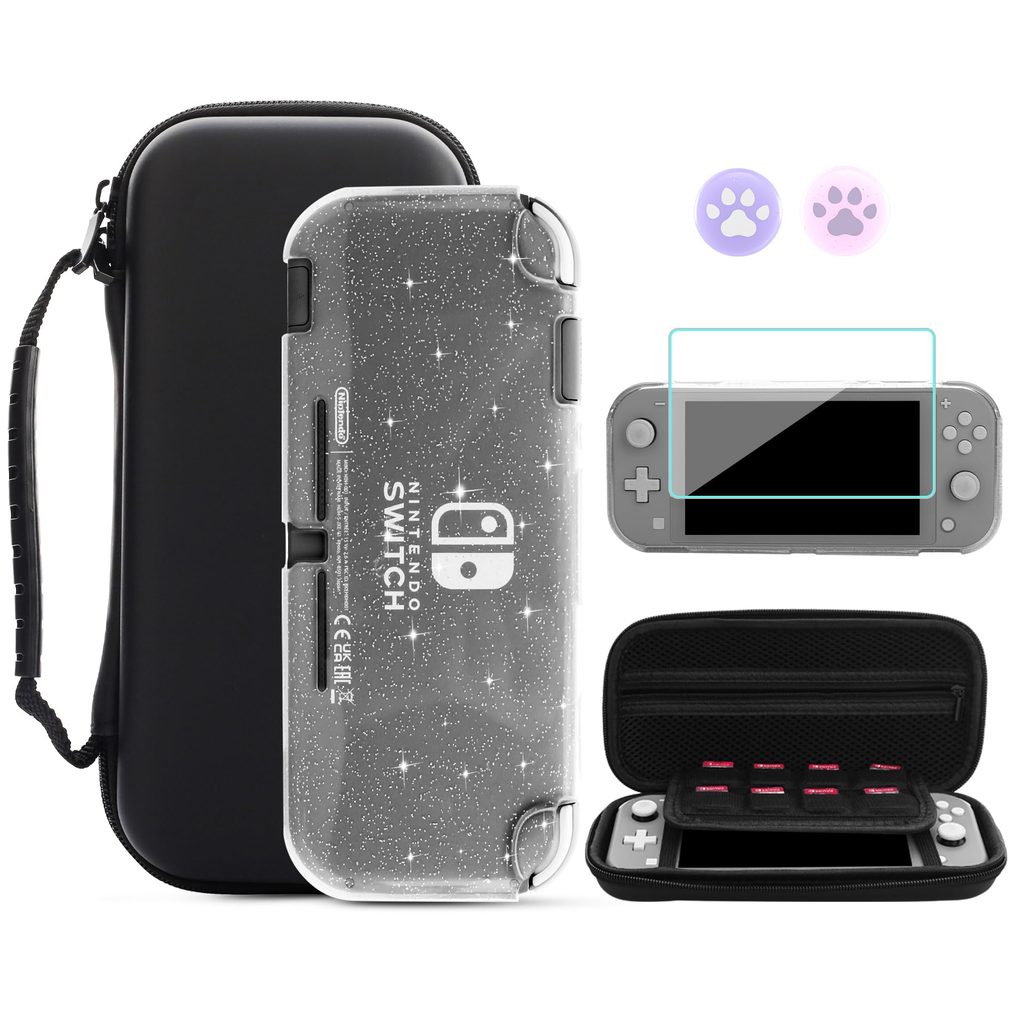 GLDRAM Étui de transport noir pour Nintendo Switch Lite, étui de voyage portable avec 8 emplacements pour cartes de jeu, kit d'accessoires 4 en 1 avec coque de protection transparente en TPU pailleté