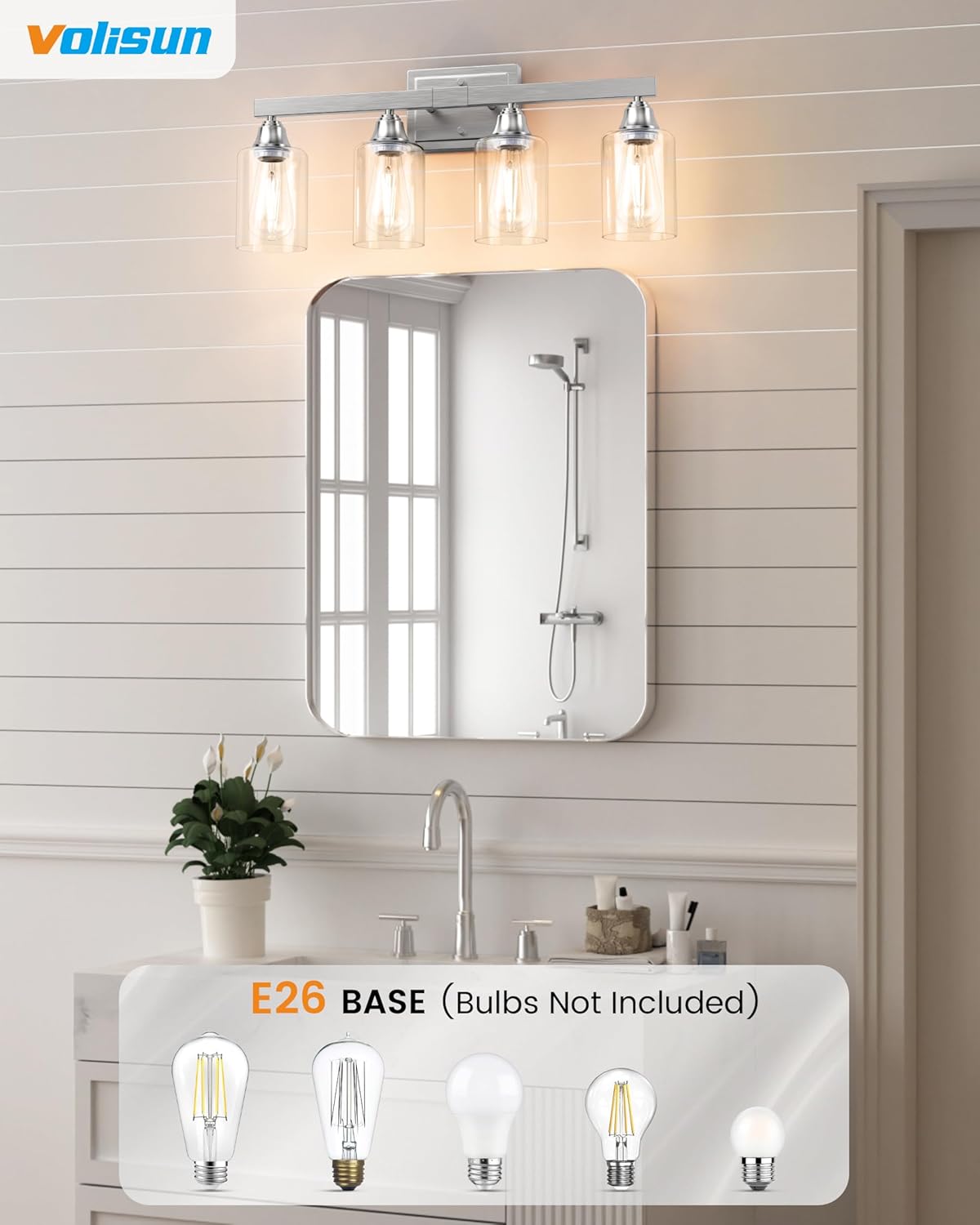 VOLISUN Brushed Nickel Bathroom Light Fixtures, 4-Light Bathroom Vanity Light Over Mirror, Modern Vanity Lights for Bathrooms, Bathrooms Lights Fixtures Over Mirror with Clear Glass Shades