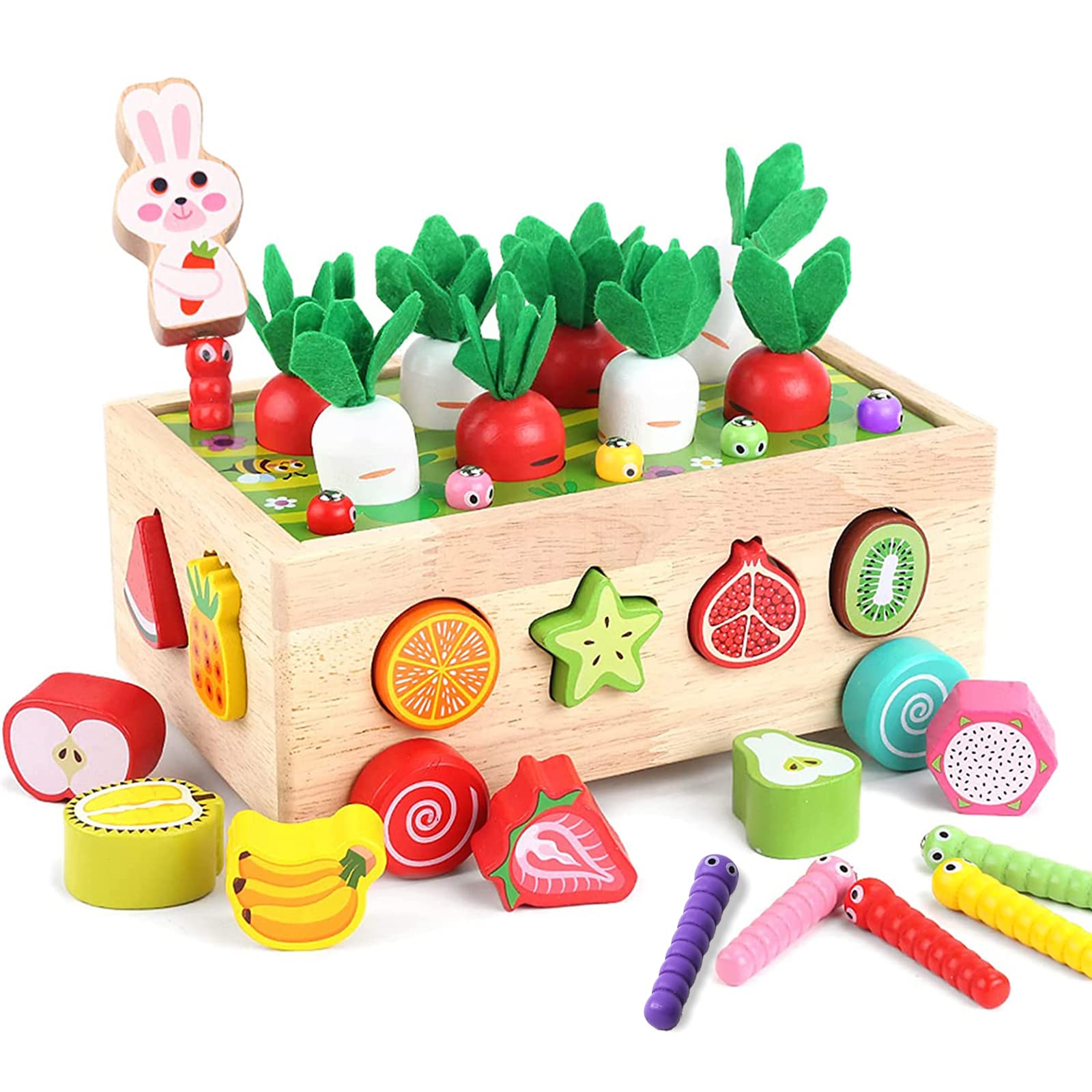 PELOSTA Montessori Toys for Toddler 1-3, Baby Wooden Educational Toy for 1 2 Year Old Boy Girl Gift, Farm Theme with Rabbit, 12 Fruit Blocks, 8 Carrots, 10 Worms & Shape Matching Sorting Car