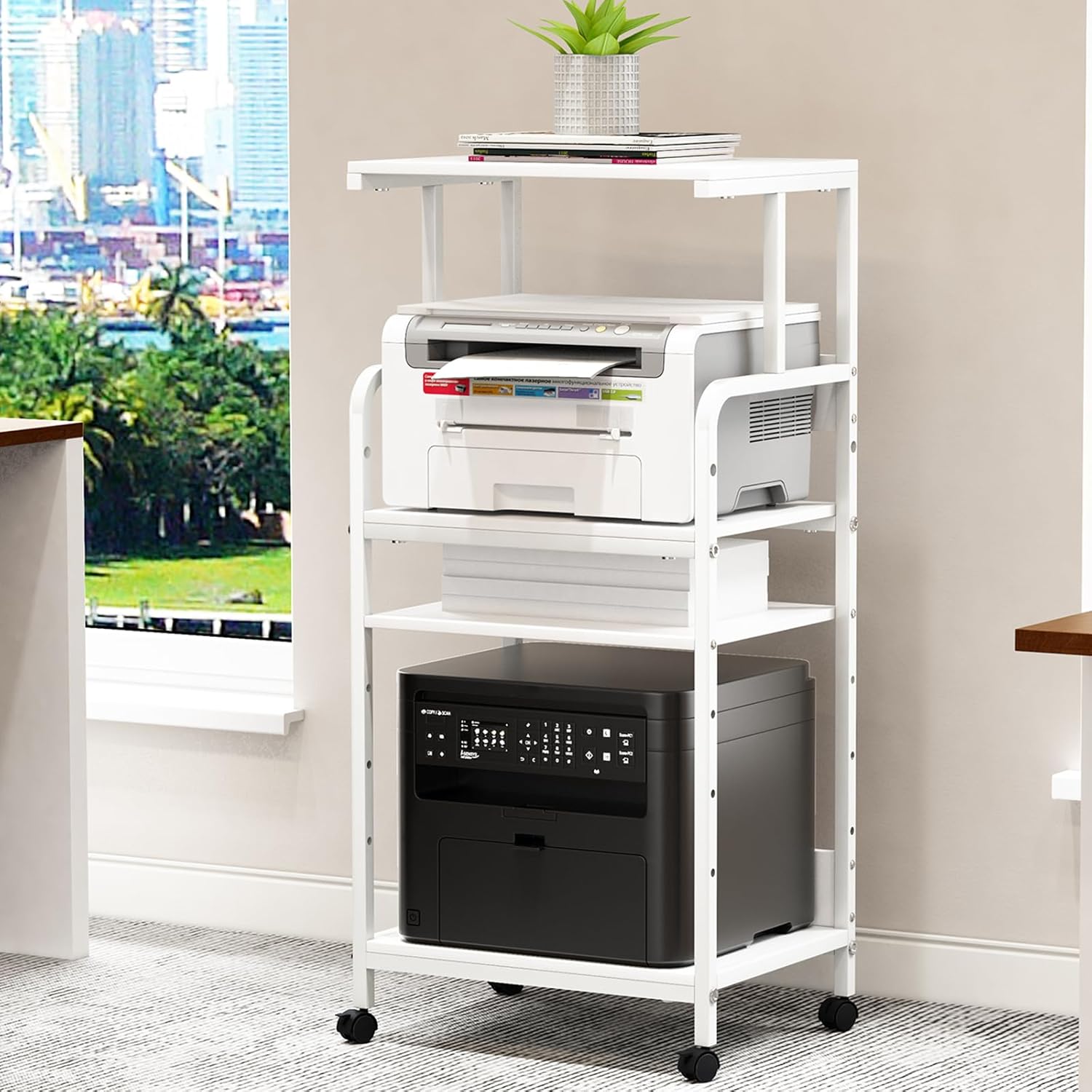 4 Tier Printer Stand with Storage Shelf, Large Tall Printer Cart with Wheels, Mobile Printer Table for Home Office, Adjustable Stands for Printer Heat Press Scanner Fax (White) White High