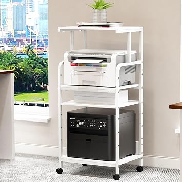 Arbuxzuy 4-Tier Printer Stand with Storage Shelf, Mobile Printer Table for Home Office, Adjustable Stand for Printer, Scanner, Fax White