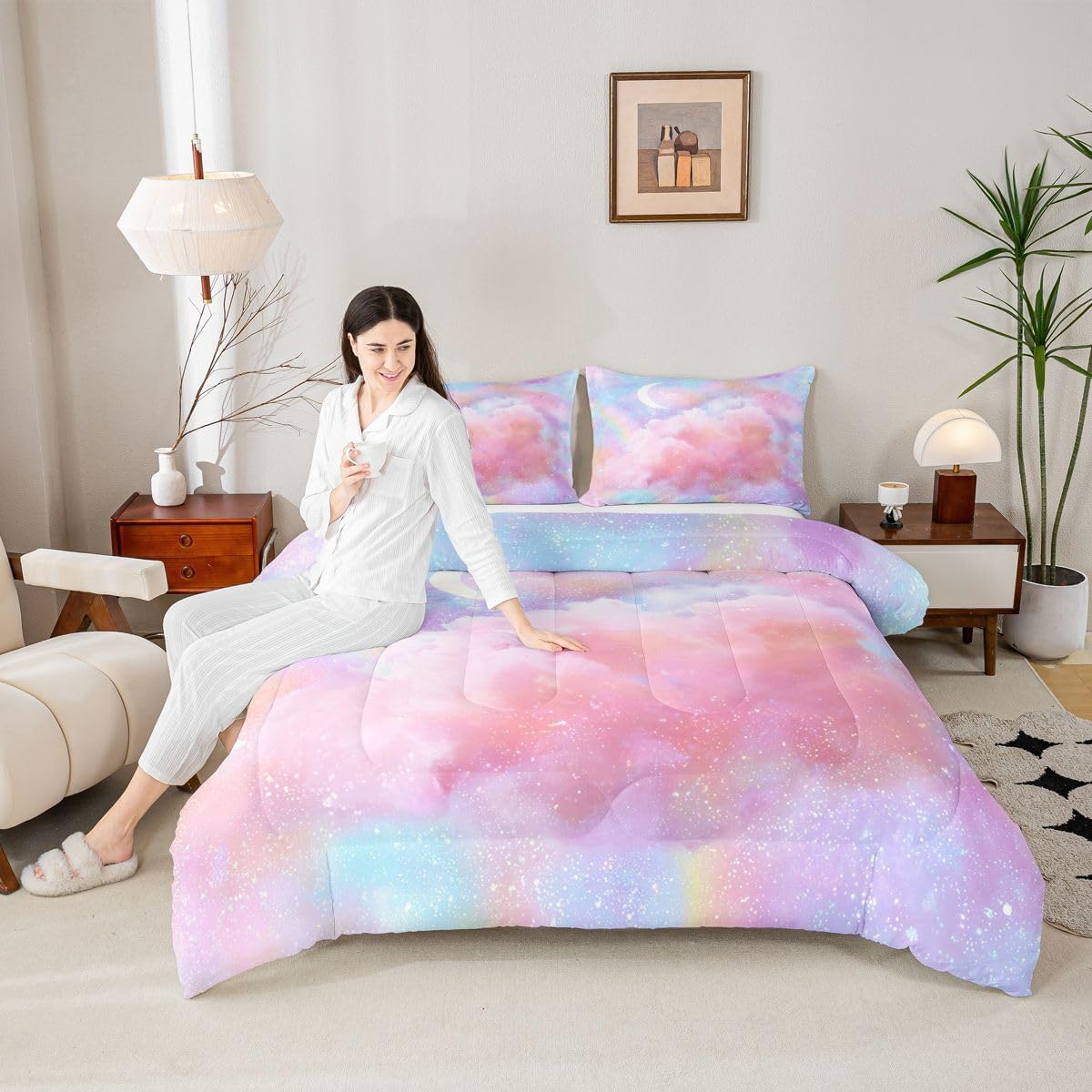 Feelyou Starry Sky Bedding Set Twin Size Galaxy Comforter Set for Kids Boys Girls Decor Outer Space Comforter 3D Printed Space Pink Purple Duvet Set Bedroom Quilt Set with 1 Pillow Case