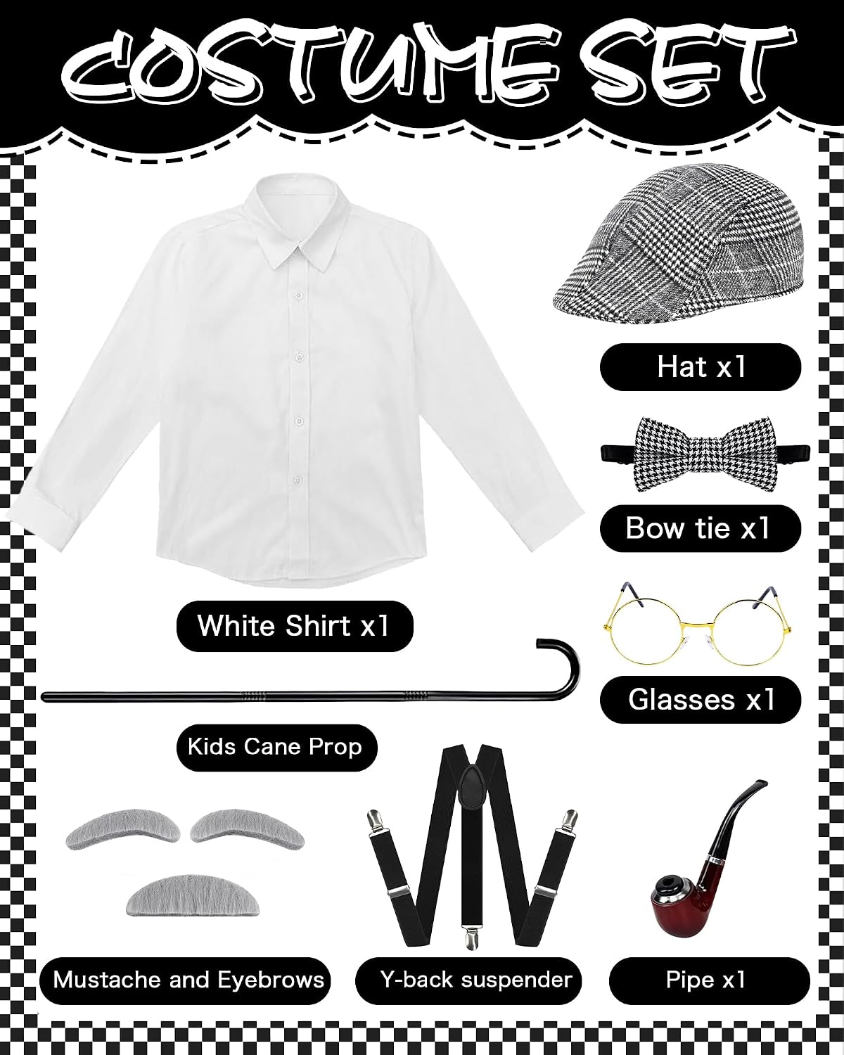 Old Man Costume for Kids - 8 Pcs 100 Days of School Costume for Boys Grandpa Outfit Dress Up Cosplay