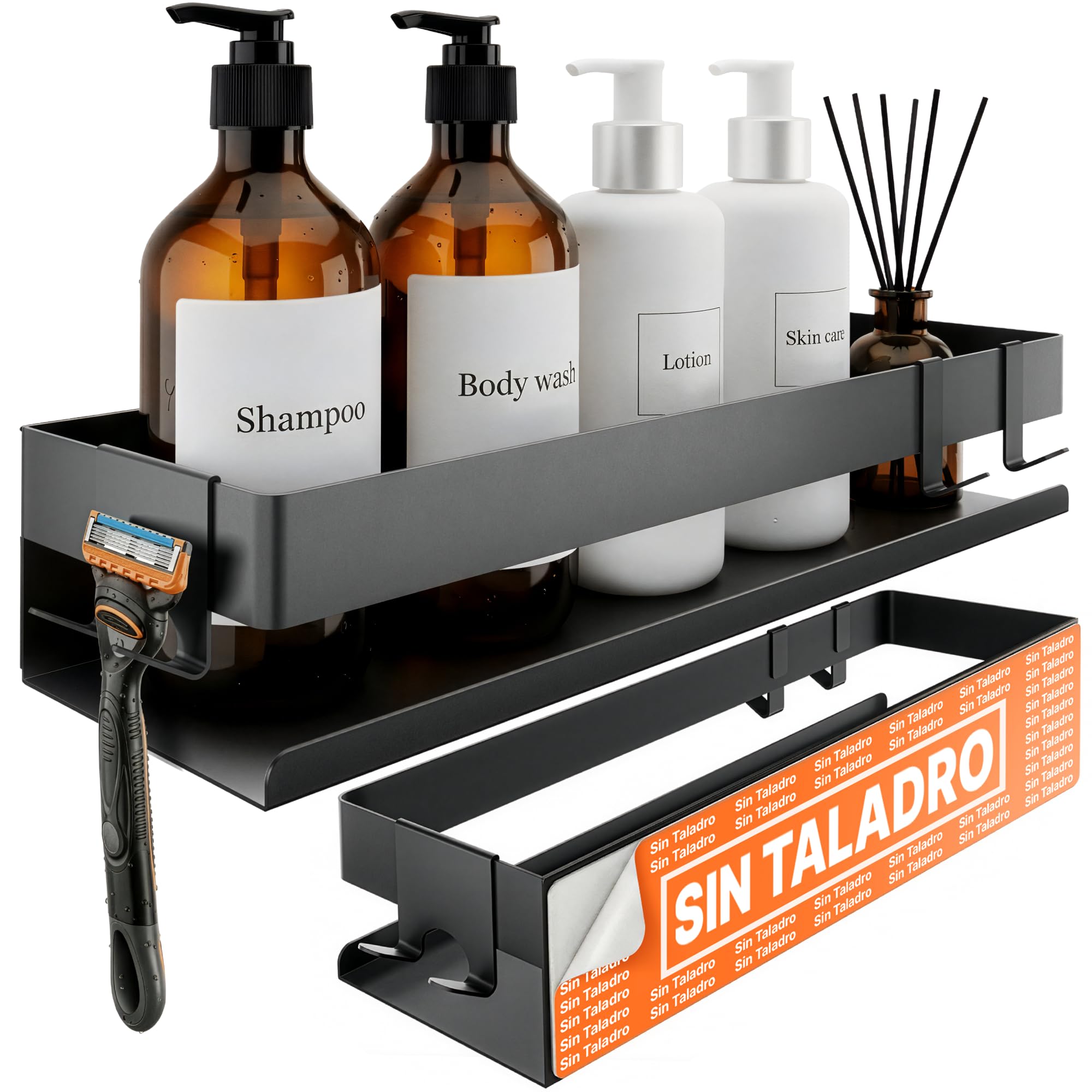 Minismus estanteria ducha sin taladro con ganchos moviles y barra, estante ducha organizador resistente, repisa baño adhesiva, estanteria baño sin tornillos o montada con tornillos cesta