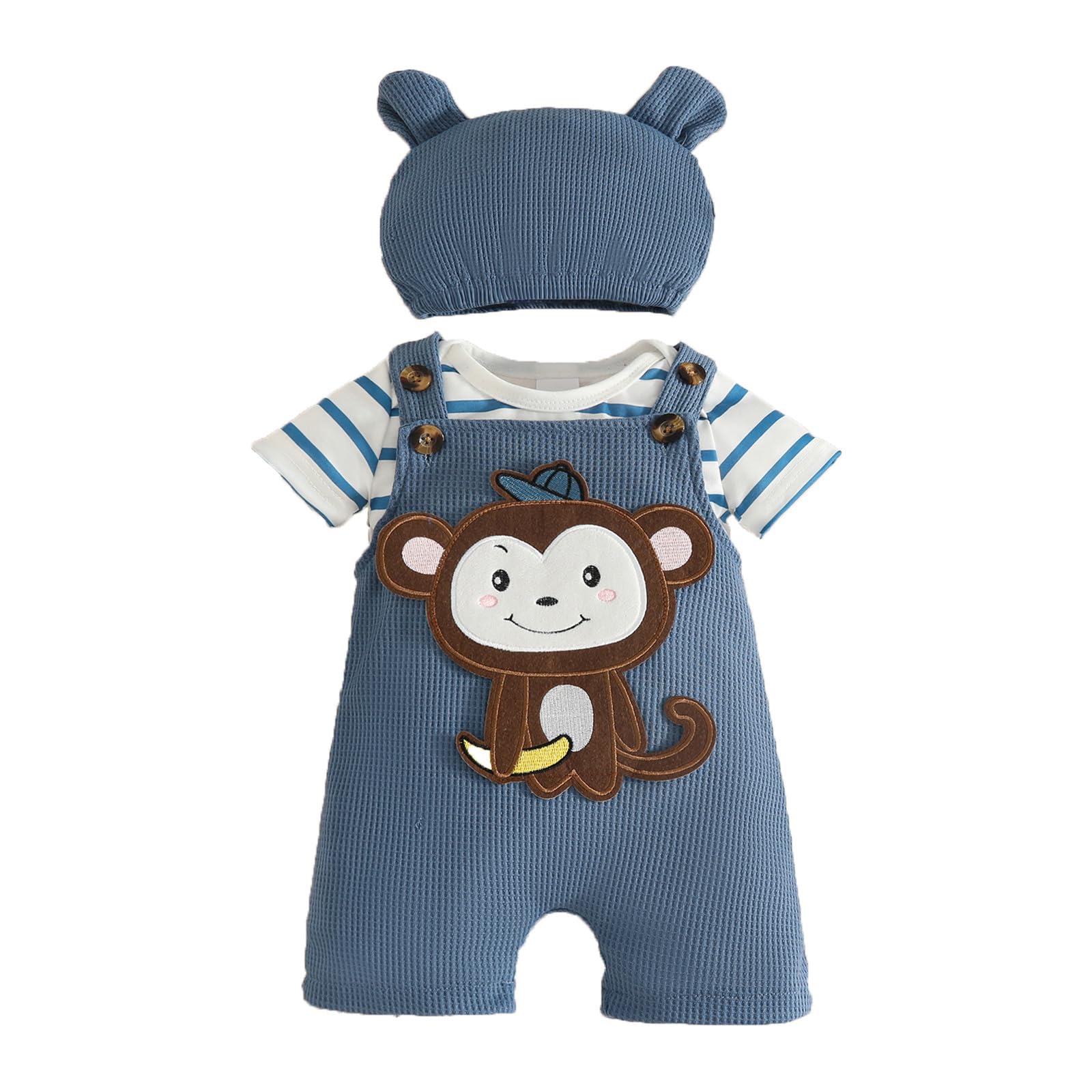 Ropa de Bebé Recién Nacidos Manga Corta a Rayas Mono Top+ Pantalones Cortos con Tirantes y Animales + Sombrero 3 Piezas Verano Conjuntos — view 7