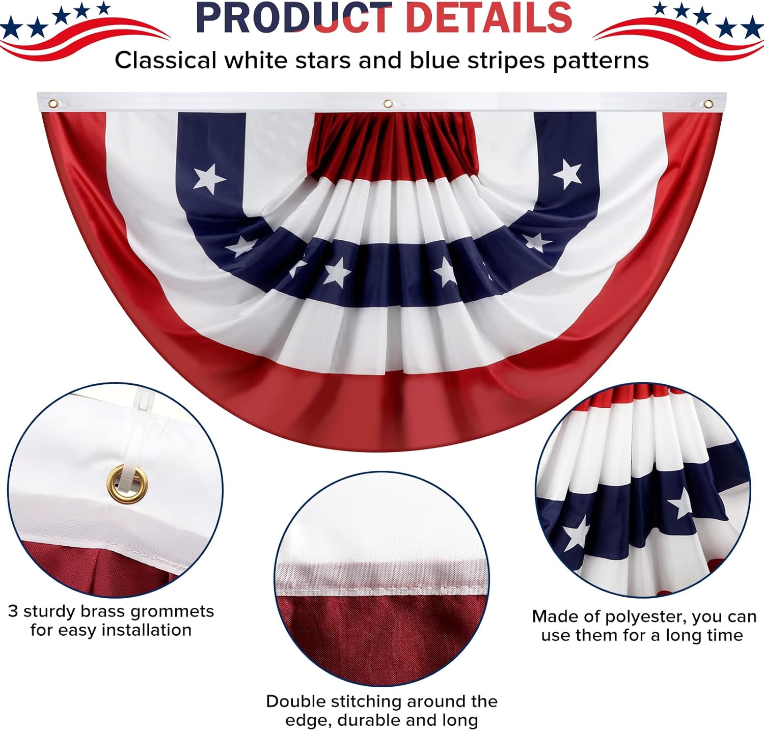 USA Pleated Fan Banner, 2x4 Feet American Patriotic Half Fan Banner Flag for 4th of July & Memorial Day, Indoor & Outdoor Decoration, with Brass Grommets & Zip Ties (3 Pack)