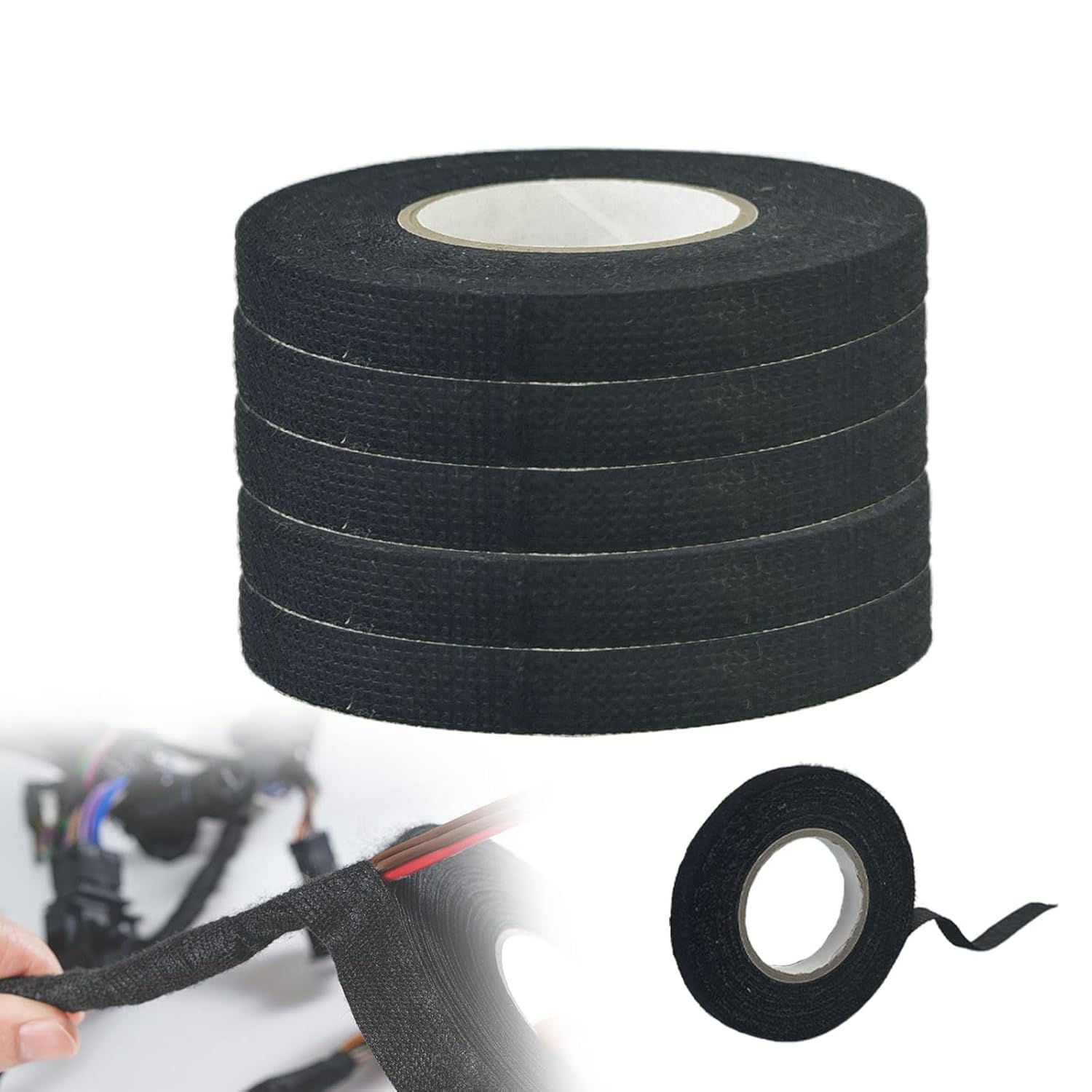 5 Rolls Automotive Wire Harness Tape, High Temp Adhesive Fabric Tape for Cars & Motorcycle - Noise Damping, Vibration Reduction, Insulation Protection, Residue-Free, Black 0.35in x 50ft