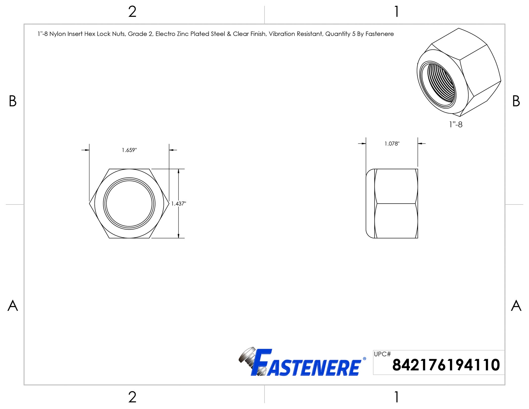 Fastenere 1"-8 Nylon Insert Lock Nuts - Grade 2 Zinc Plated, Vibration Resistant (5 Pack)