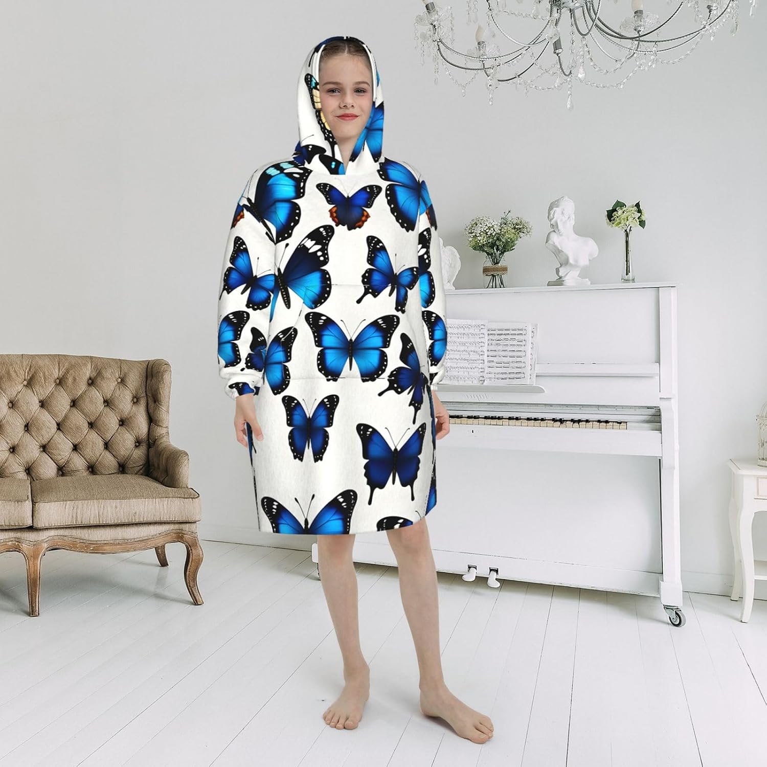 Many Blue Butterfly Print Oversized Blanket Hoodie, Wearable Blanket Hooded,Hooded Pullover With Pocket
