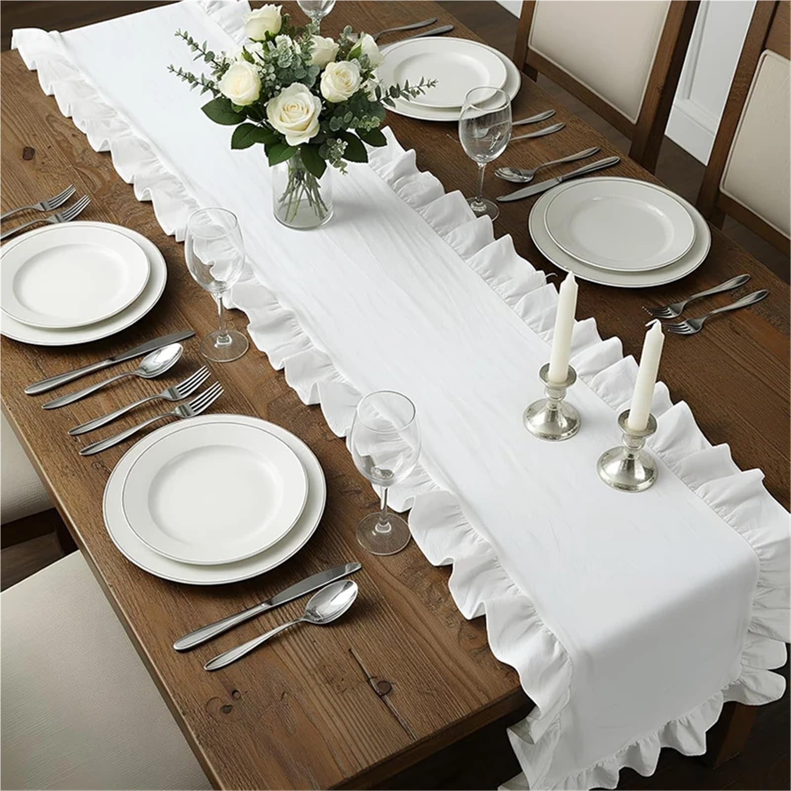 Camino de Mesa de Gasa Christmas Table Runner Washed Cotton Ruffled Home Decorations For Farmhouse Rustic Wedding Bride(Wine Red,35X160CM 1pc)