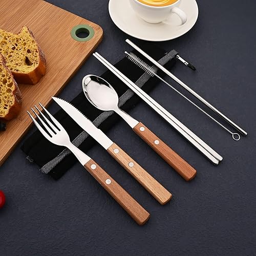 Miniatura 6 de JASHII Juego de cubiertos reutilizables de viaje, juego de cubiertos de acero inoxidable 304 con mango de madera, palillos y pajitas con bolsa negra.