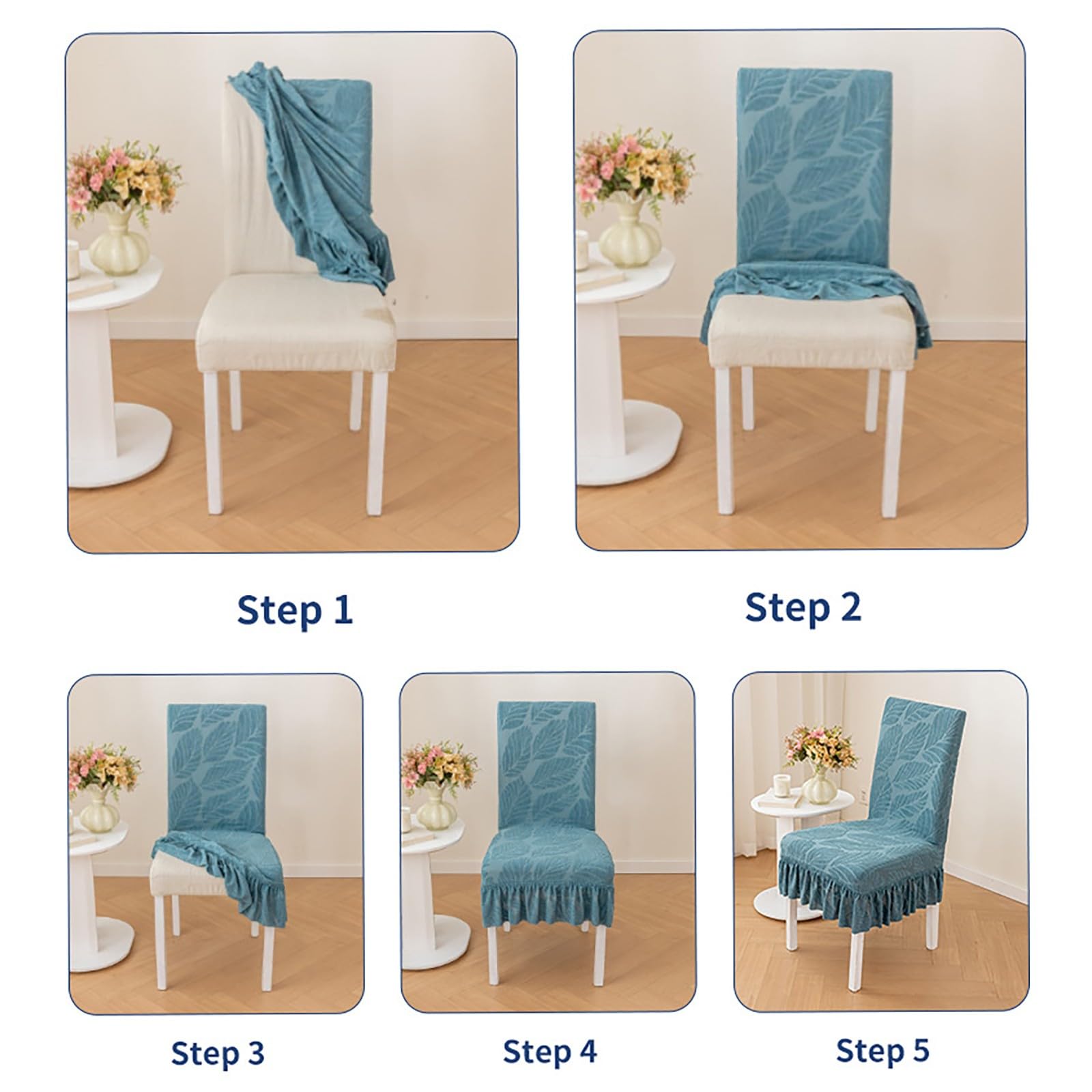 Stretch-Stuhlhussen für Esszimmerstühle, Armlehnenlose Stuhlhussen mit Elegantem Rüschenrock, Strapazierfähige Stuhlschoner für Hotelbankette, Hochzeiten und Feiern(Blue,6 pcs)