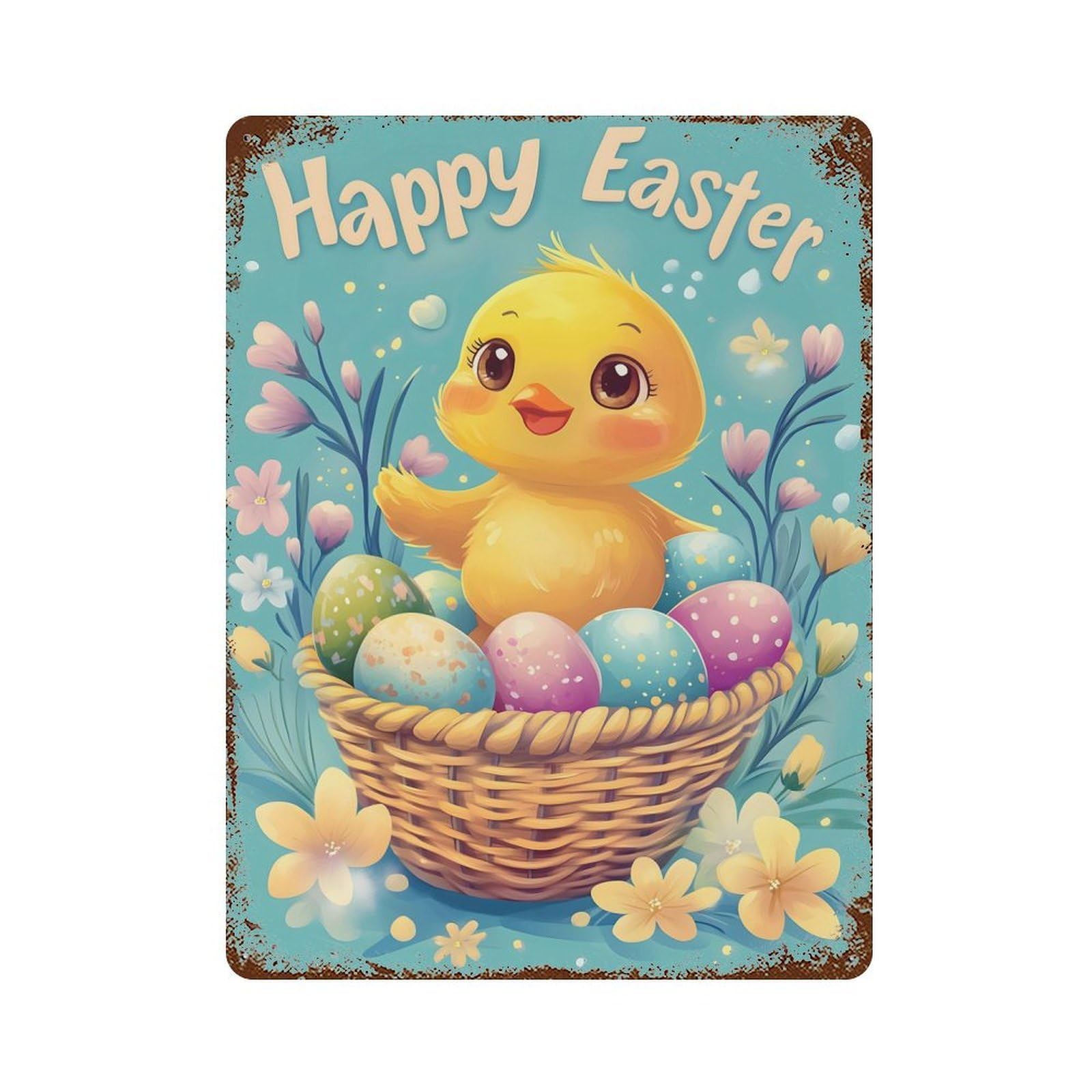 Rust Effect Happy Easter Chick with Eggs Rusty Metal Tin Sign 15.7"x11.8", Farmhouse Wall Decor for Shed, Workshop And Garage Wall Decor