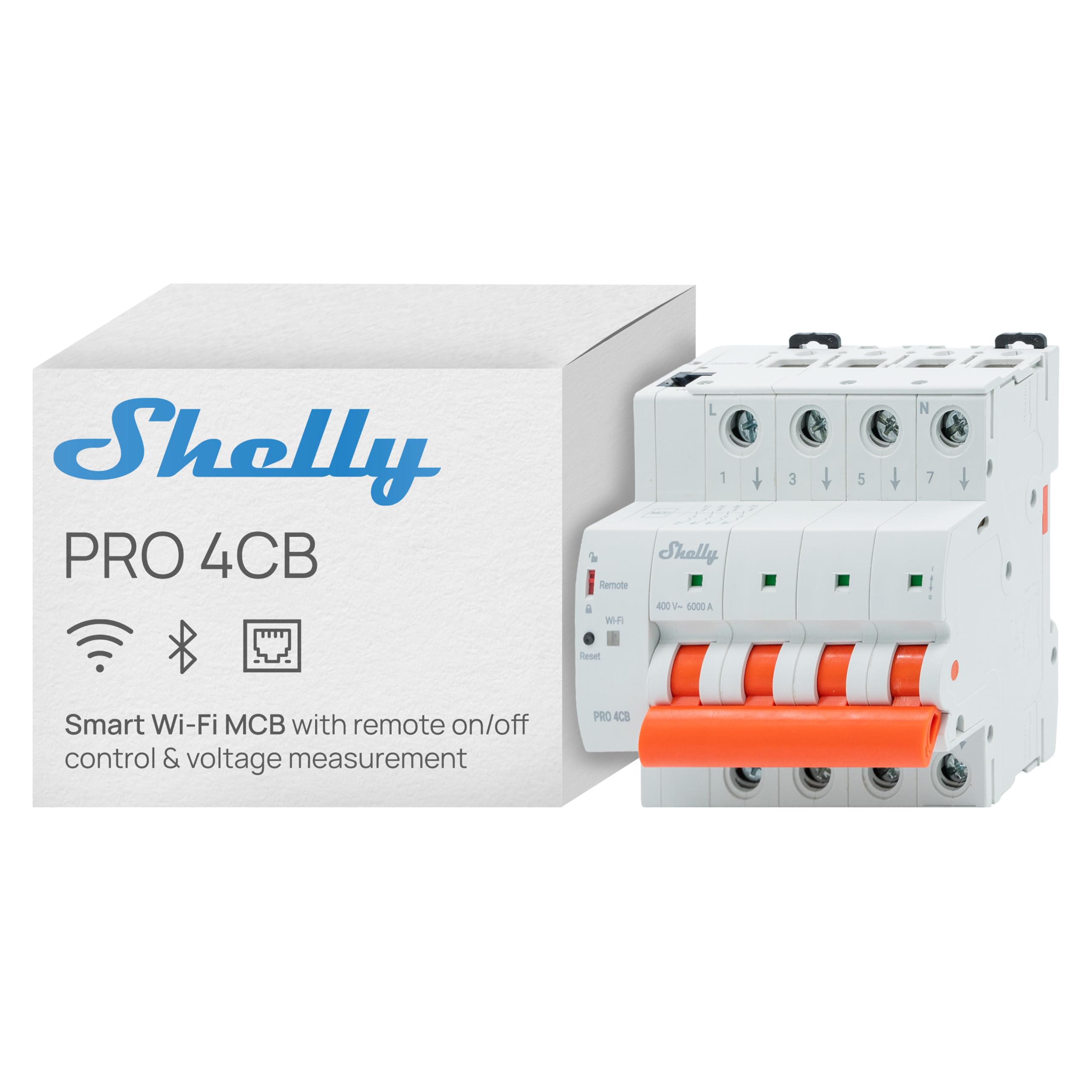 Shelly Pro 4CB C16A - Disyuntor Inteligente WiFi 4 Polos 16 A, Monitorización de Voltaje, Protección Sobretensión y Cortocircuito, Desconexión Remota, Control por App, Voz y Plataforma, Carril DIN