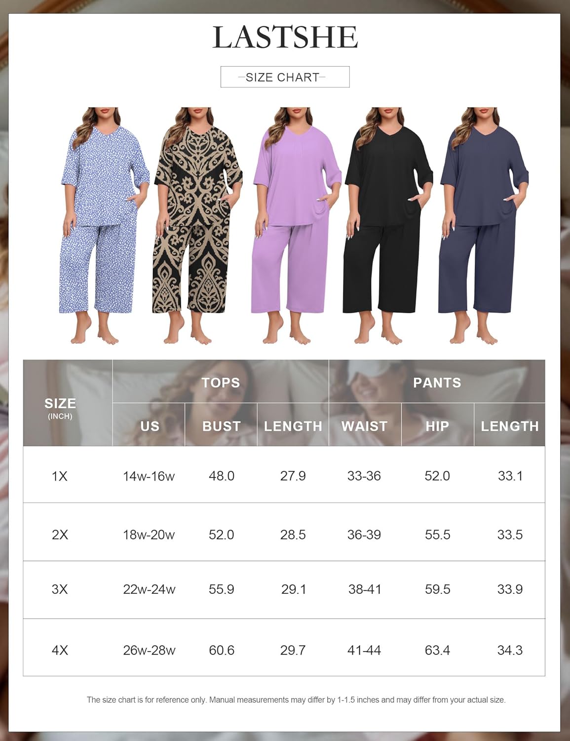 Lastshe Women's Plus Size Pajama Set 2 Piece V Neck Capri Pants Loungewear with Pockets Knit Soft Pjs Sleepwear - Image 6