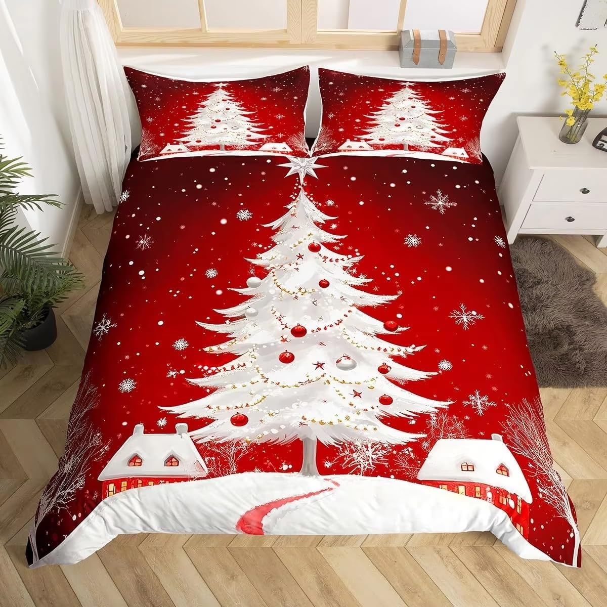 Parure de lit 260x240 Noël rouge et blanc en microfibre douce avec chalets